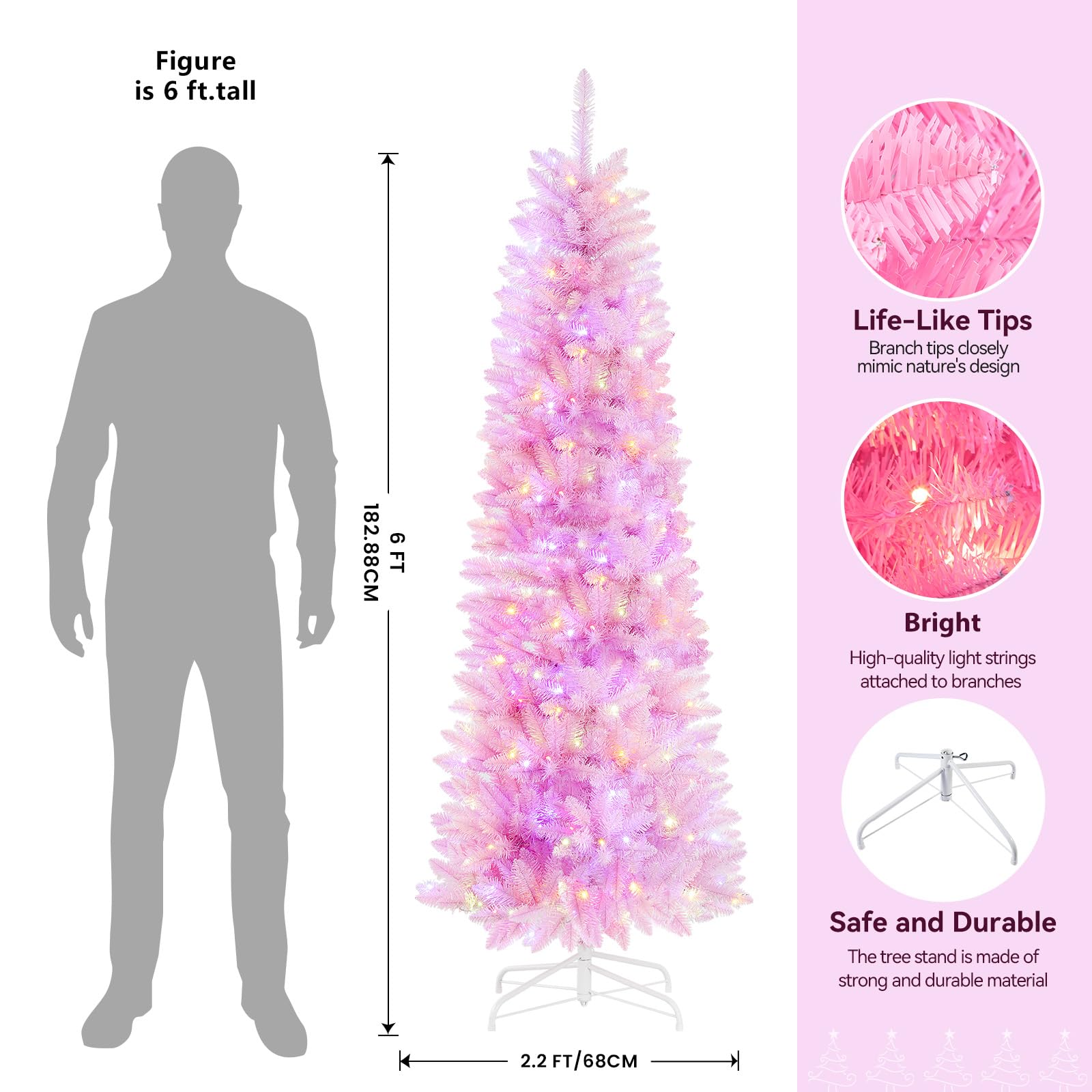 SHareconn 6ft Premium Prelit Artificial Hinged Slim Pencil Christmas Tree with Remote Control, 240 Warm White & Multi-Color Lights, Full Branch Tips, First Choice Decorations for X-mas, 6 FT, Pink - SHareconn