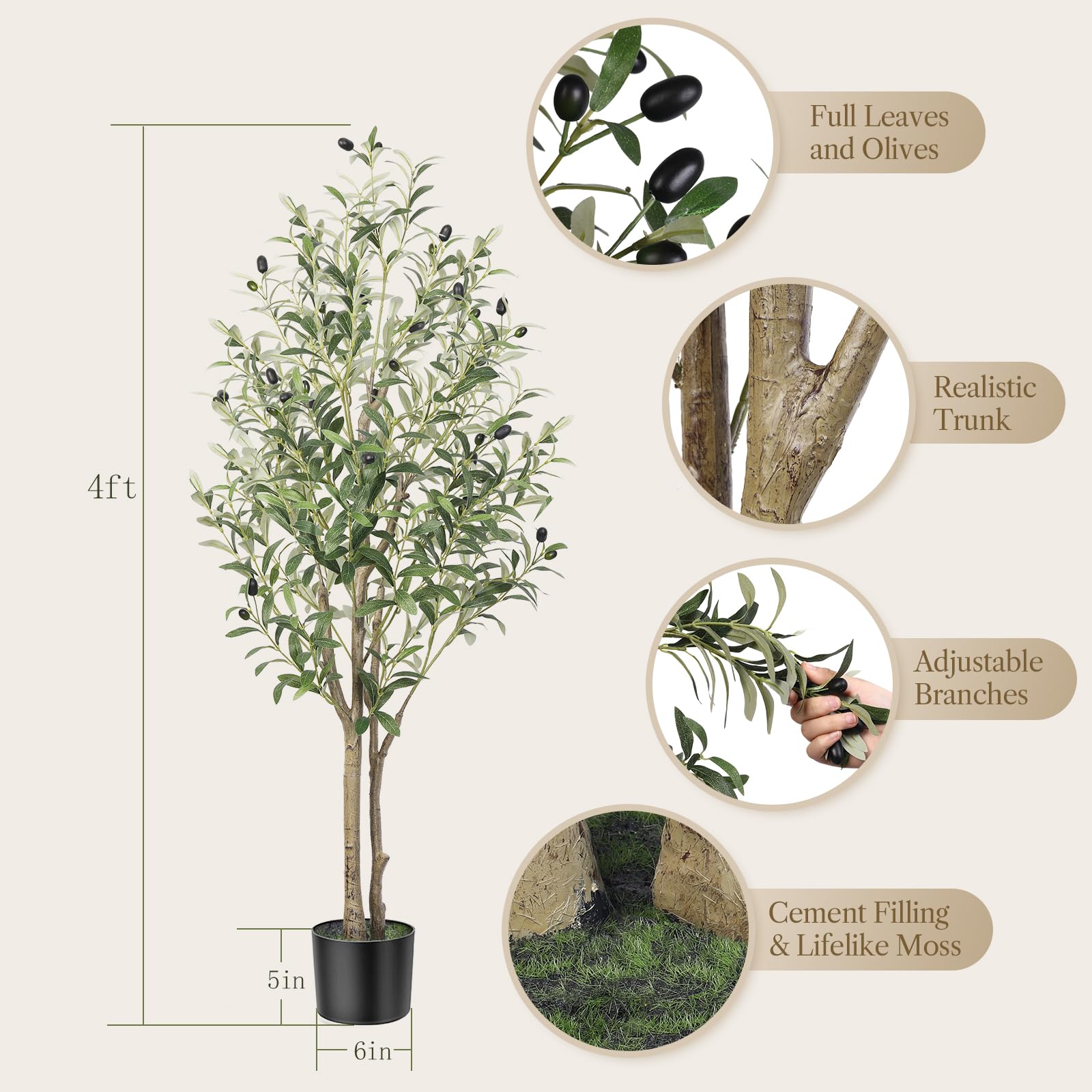 3FT(36" in) Artificial Olive Tree Indoor Fake Olive Tree with Natural Wood Trunk & Lifelike Fruits