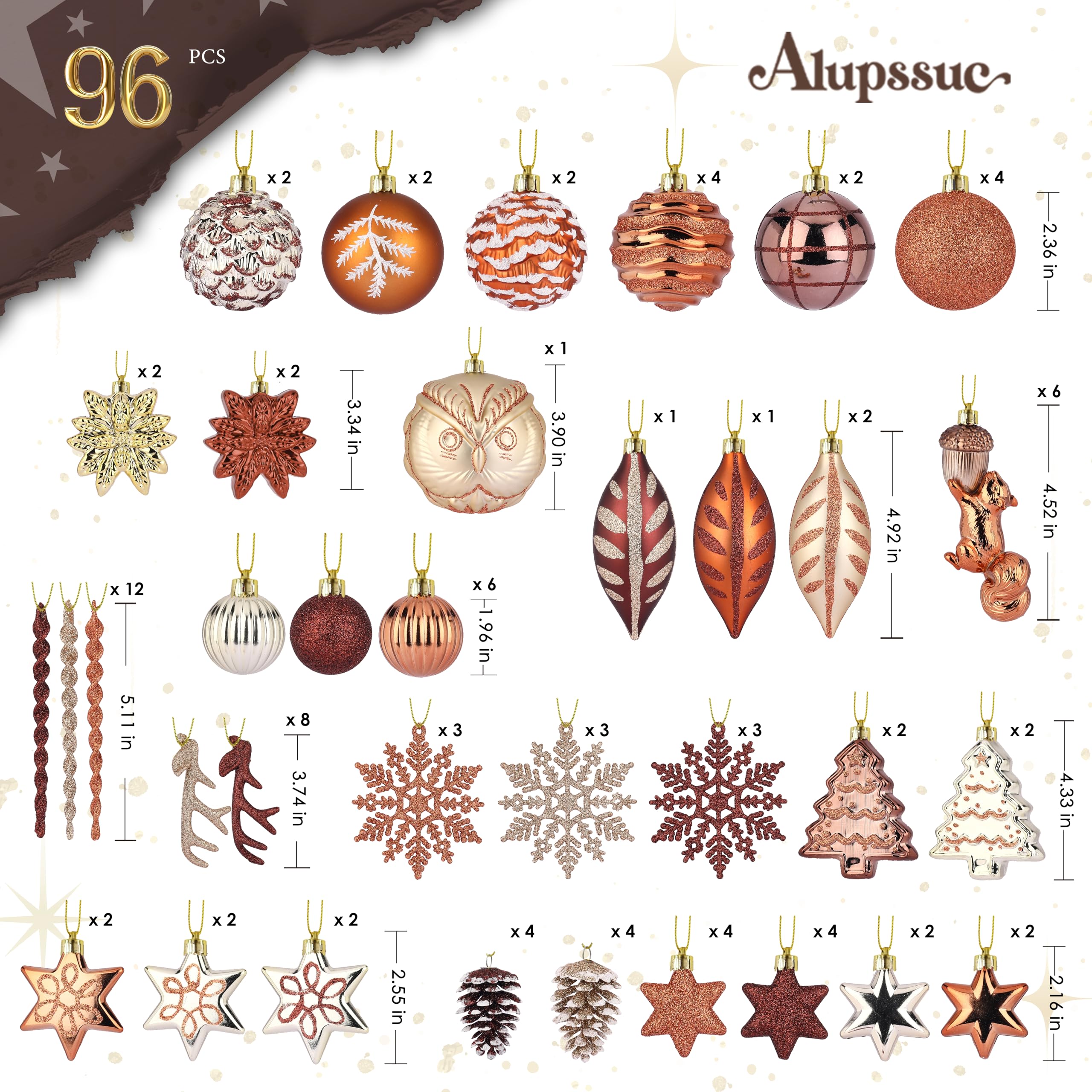 96pcs Bronze Copper & Gold Forest Theme and Animal Designs Christmas Tree Ornaments Set