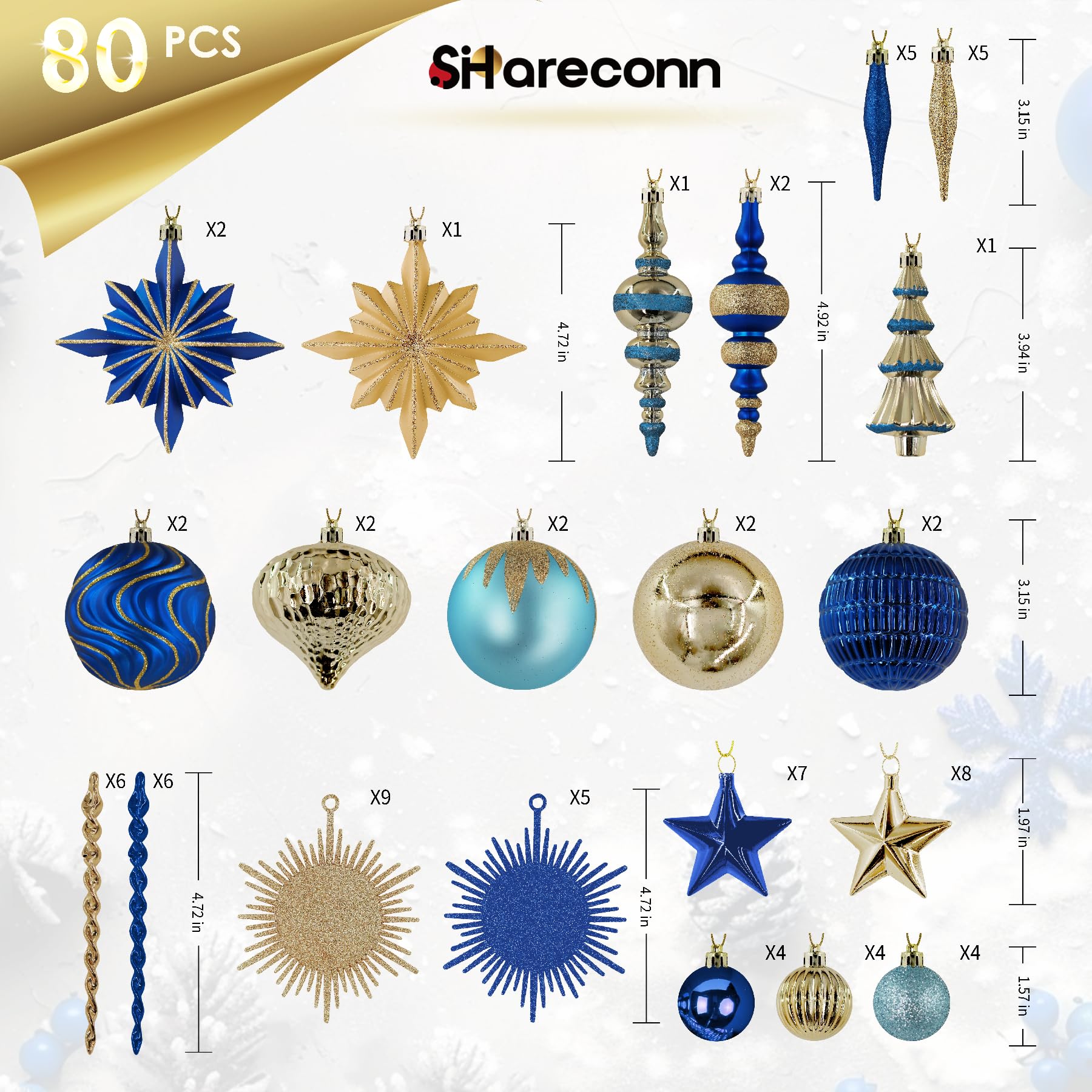 80ct Blue and Gold Christmas Ball Ornament Set