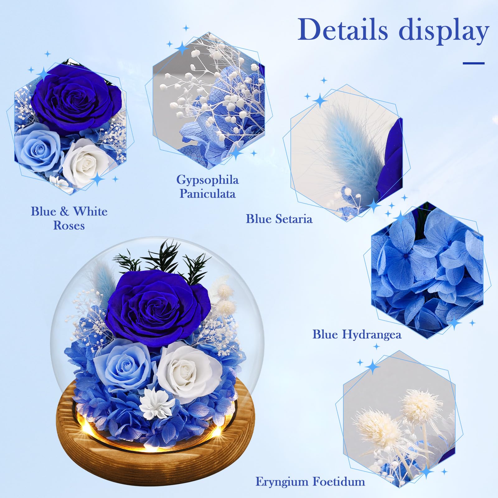 Preserved Real Flowers Gifts for Her,Women,Wife,Mom, Forever Fresh Roses in Glass Dome with LED Lights for Home Decor for Delivery Prime Valentines Day,Mothers Day,Christmas,Wedding, Blue