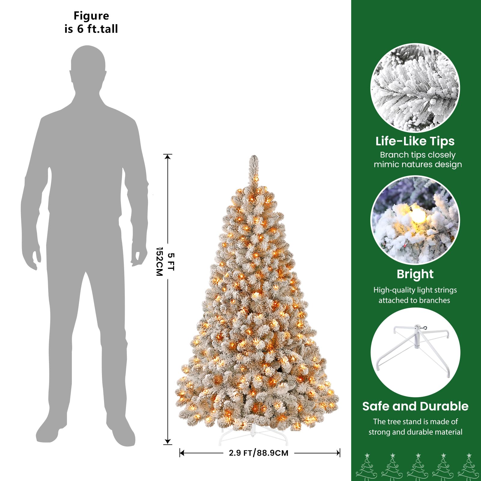 SHareconn 5ft Prelit Snow Flocked Artificial Holiday Christmas Tree with Remote (Upgraded), 250 Pre-Lit Multi-Color RGB Lights, Full Snow Branch Tips for Home, Office, Party Decoration, 5 FT, White - SHareconn