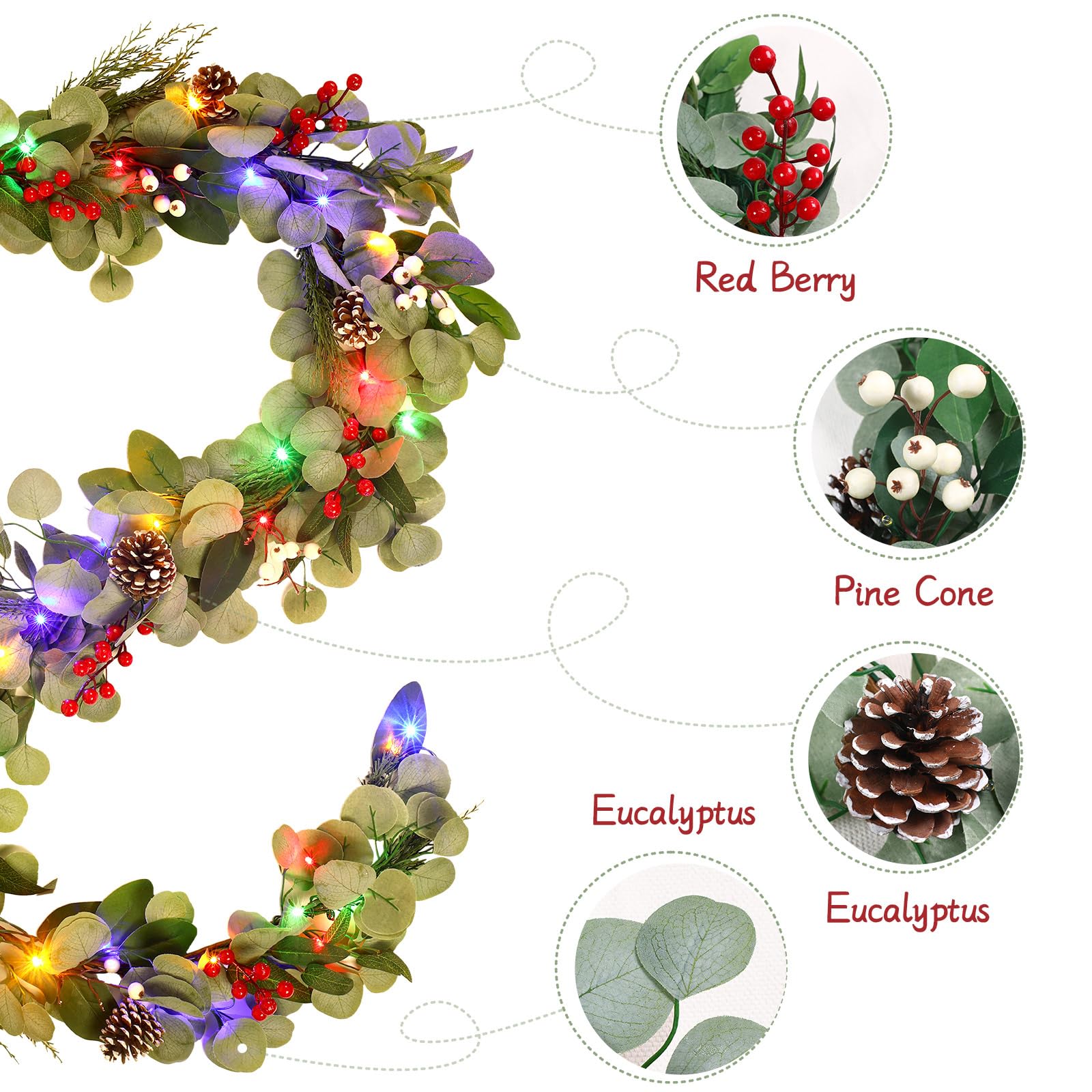 6ft Prelit Multi-Color Lights/Battery Operated Artificial Eucalyptus Christmas Garland