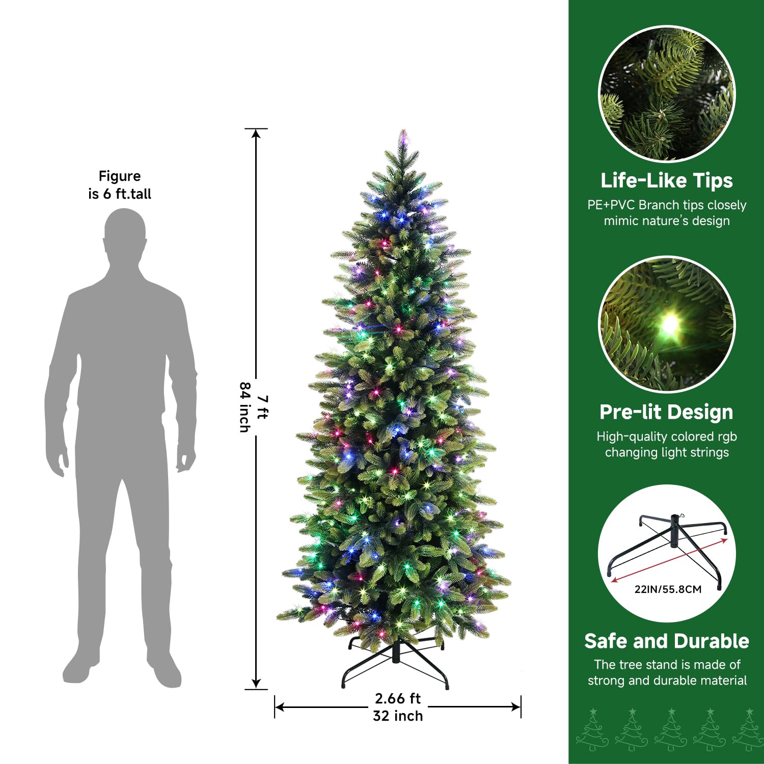 7ft Prelit Artificial Hinged Christmas Tree with Remote Control, 330 Pre-Lit Multi-Color RGB Lights and 1809 PE & PVC Branch Tips, Perfect Choice for Xmas Decoration, 7 FT - SHareconn