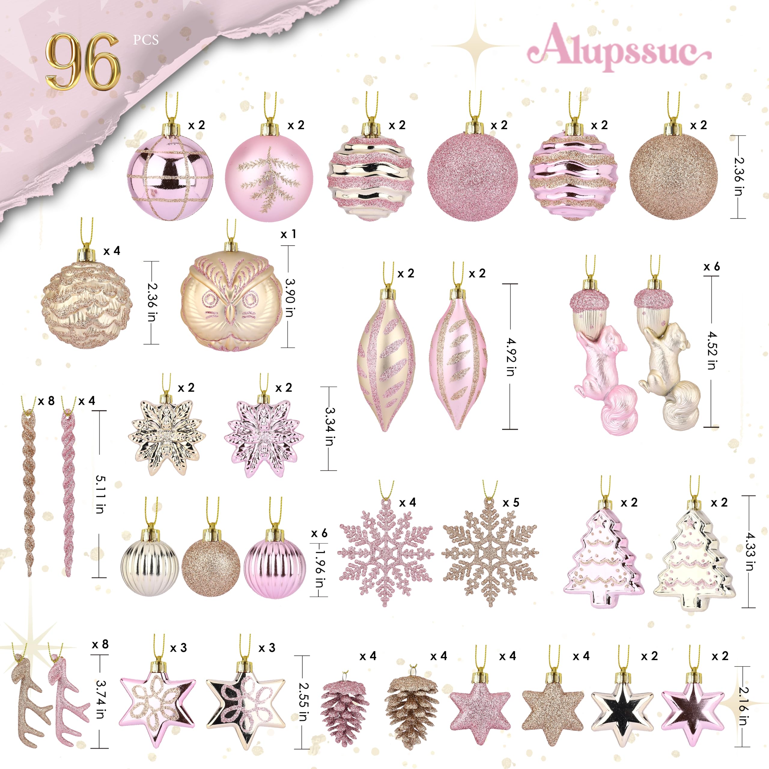 96pcs Pink & Gold Forest Theme and Animal Designs Christmas Tree Ornaments Set