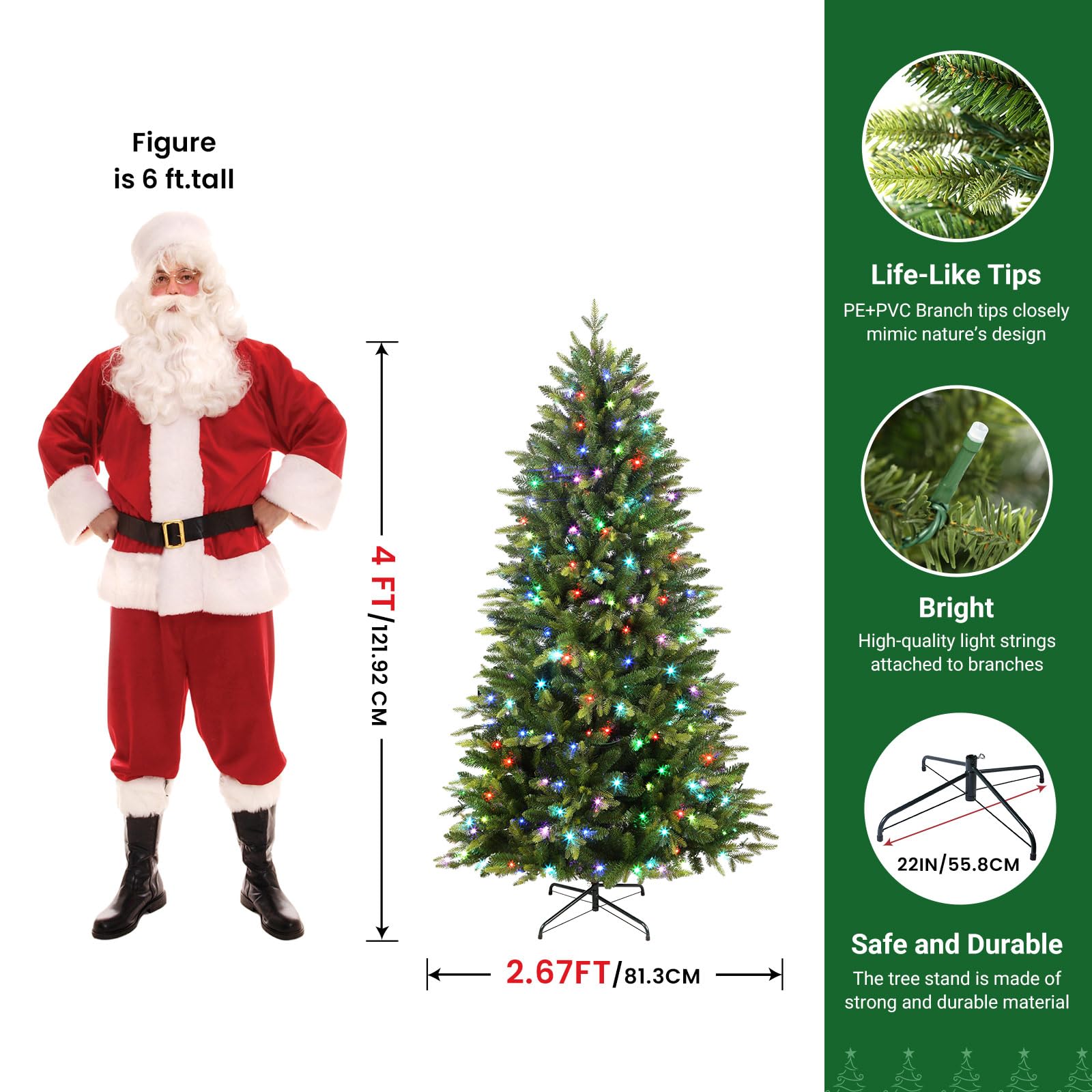 SHareconn 4ft Upgraded Prelit Artificial Hinged Christmas Tree with 170 Color Changing RGB Lights,Remote Control,Fake Pre-Lit Lush Fir Tree with 930 Branch Tips for Xmas Decoration, 4 FT - SHareconn