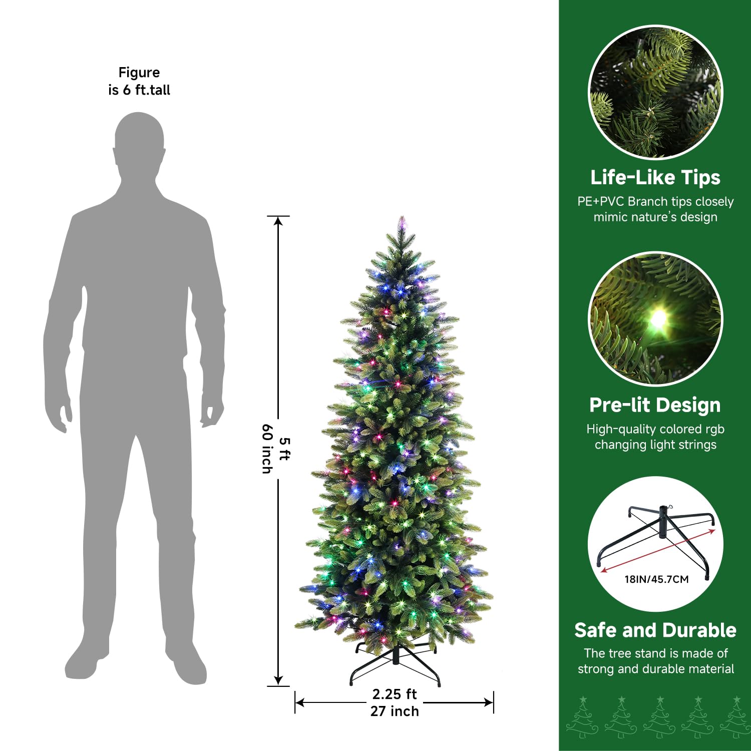 5ft Prelit Artificial Hinged Christmas Tree with Remote Control, 240 Pre-Lit Multi-Color RGB Lights and 1163 PE & PVC Branch Tips, Perfect Choice for Xmas Decoration, 5 FT - SHareconn