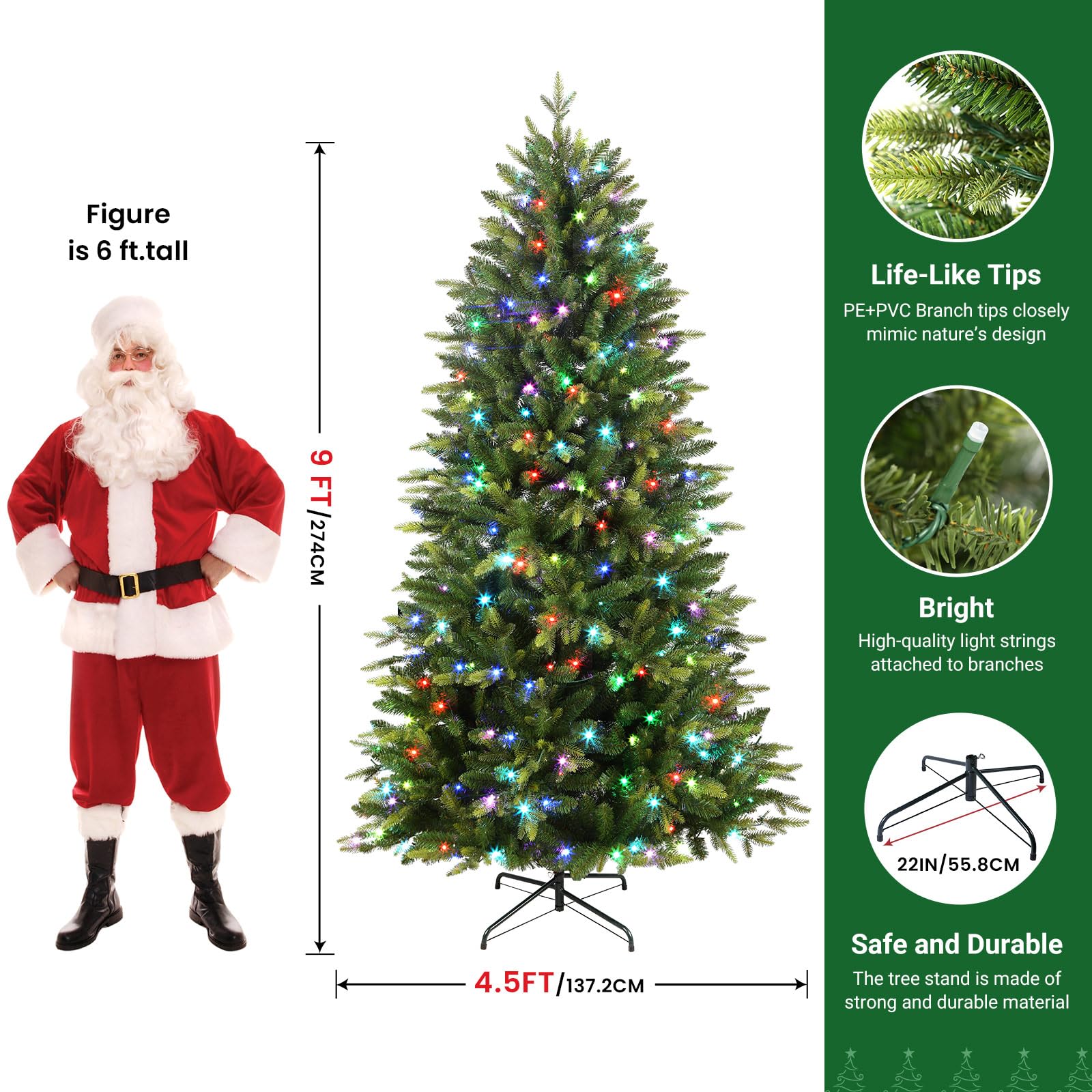 SHareconn 9ft Upgraded Prelit Artificial Hinged Christmas Tree with 670 Color Changing RGB Lights,Remote Control,Fake Pre-Lit Lush Fir Tree with 3,738 Branch Tips for Xmas Decoration, 9 FT - SHareconn