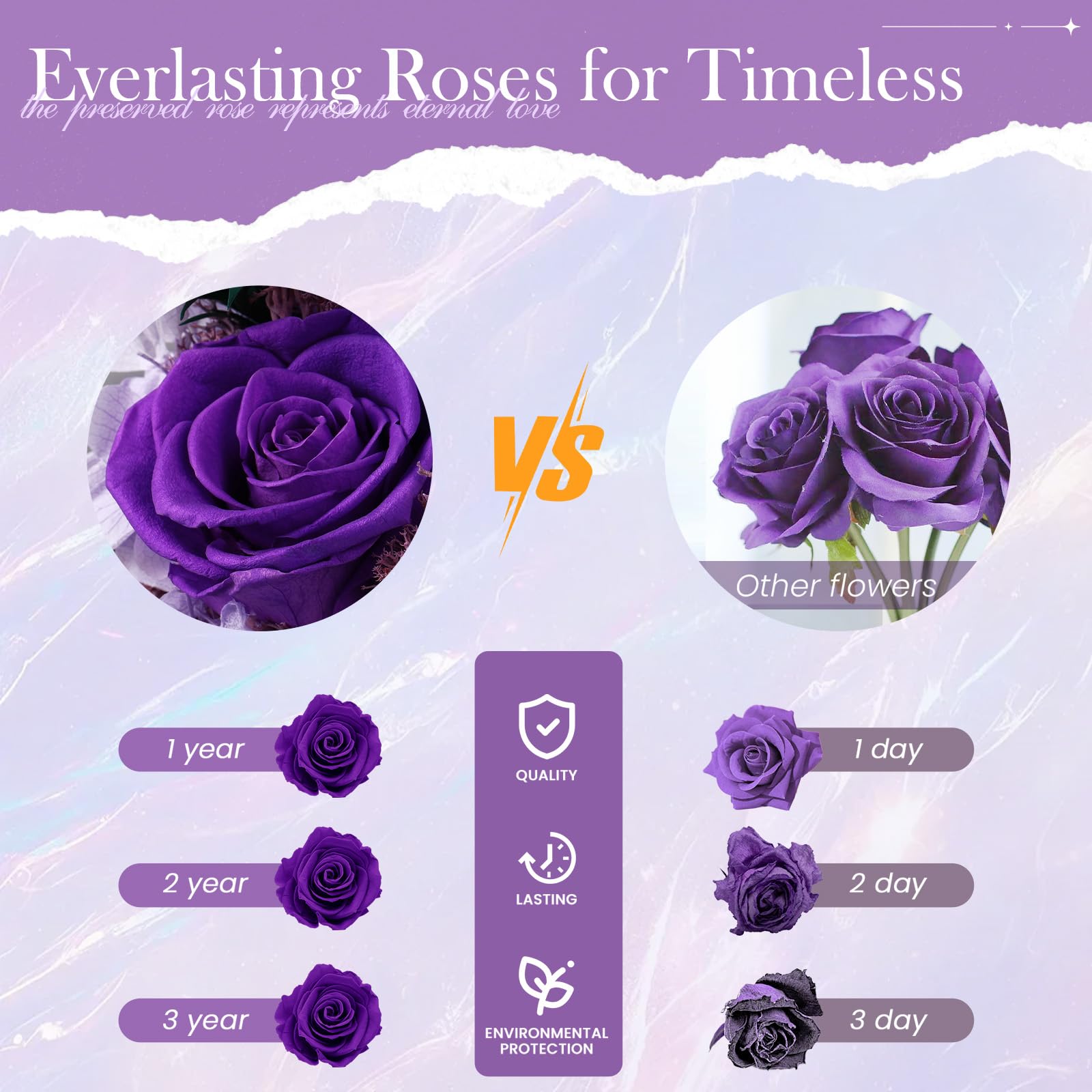 Preserved Real Flowers Gifts for Her,Women,Wife,Mom, Forever Fresh Roses in Glass Dome with LED Lights Purple