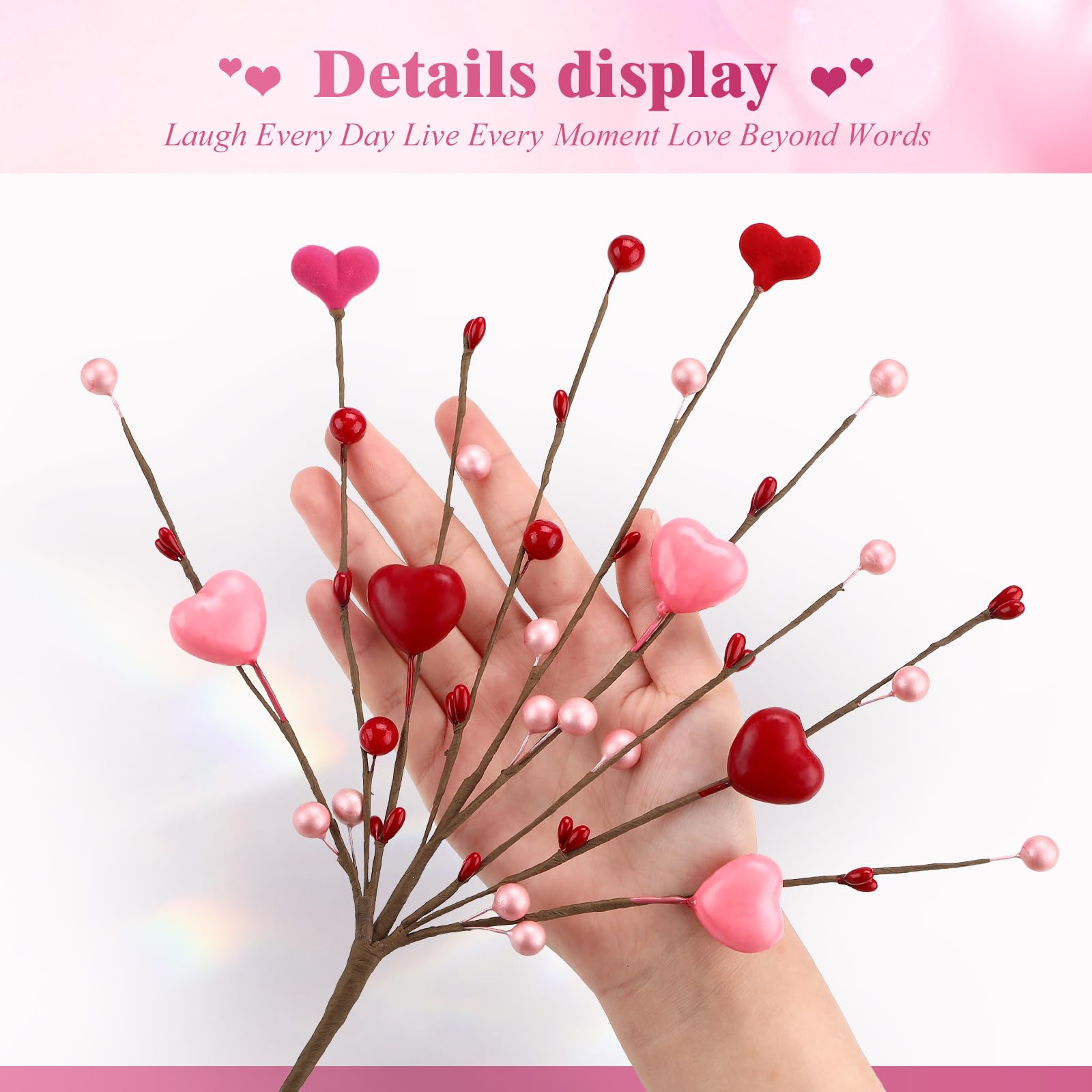 8 PCS Artificial Red Berry Flower Stems Pink Heart Shaped Berries Picks Branches