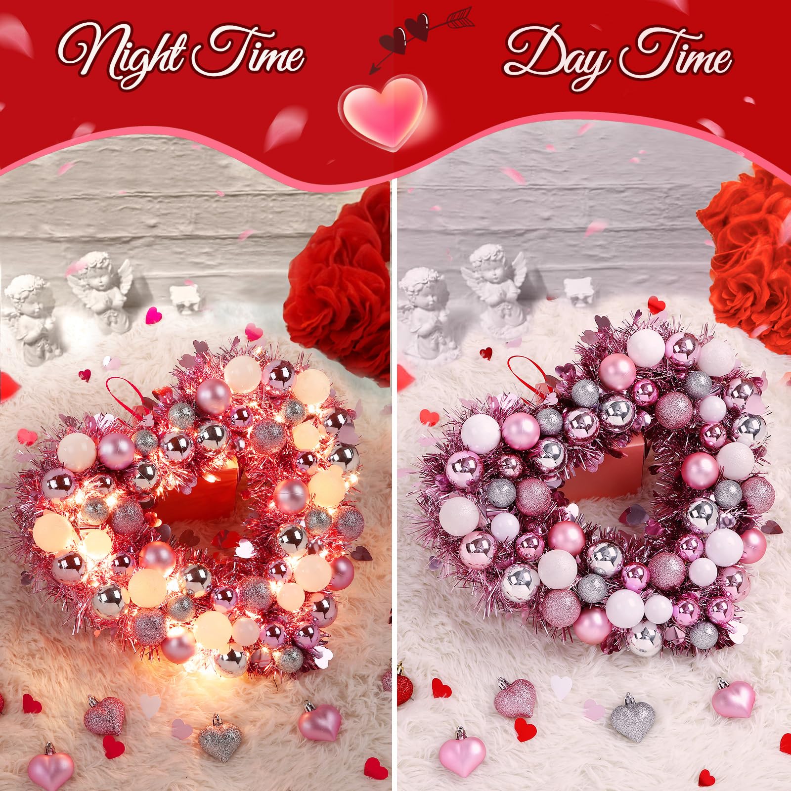 14" Inch Valentine Heart Wreath with Bowknot and Lights by Batteries Operated for Front Door Wall Windows Valentine's Day Wedding Party Romantic Decorations,Gifts for Her/Him/Women/Men, Pink