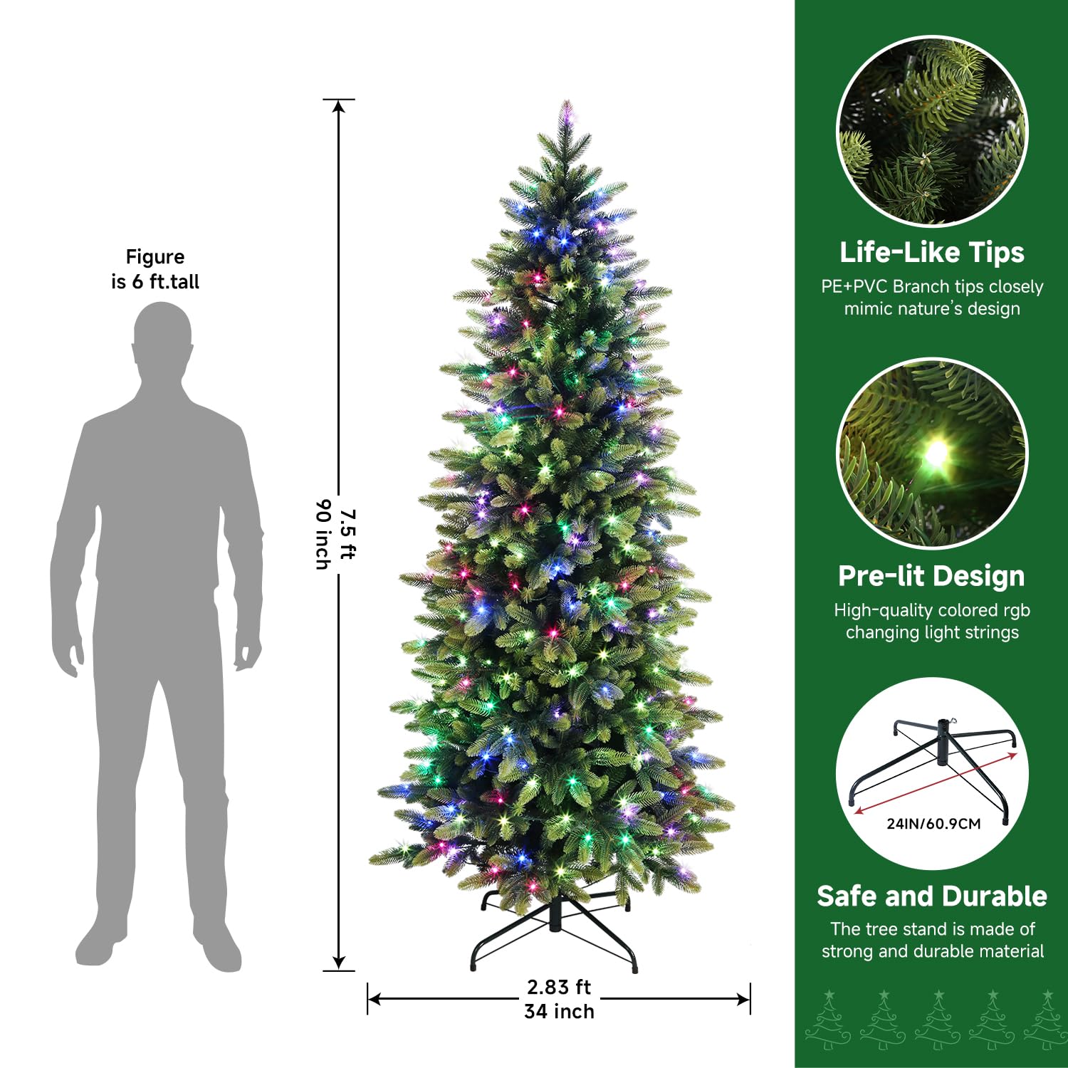 7.5ft Prelit Artificial Hinged Christmas Tree with Remote Control, 360 Pre-Lit Multi-Color RGB Lights and 1959 PE & PVC Branch Tips, Perfect Choice for Xmas Decoration, 7.5 FT - SHareconn