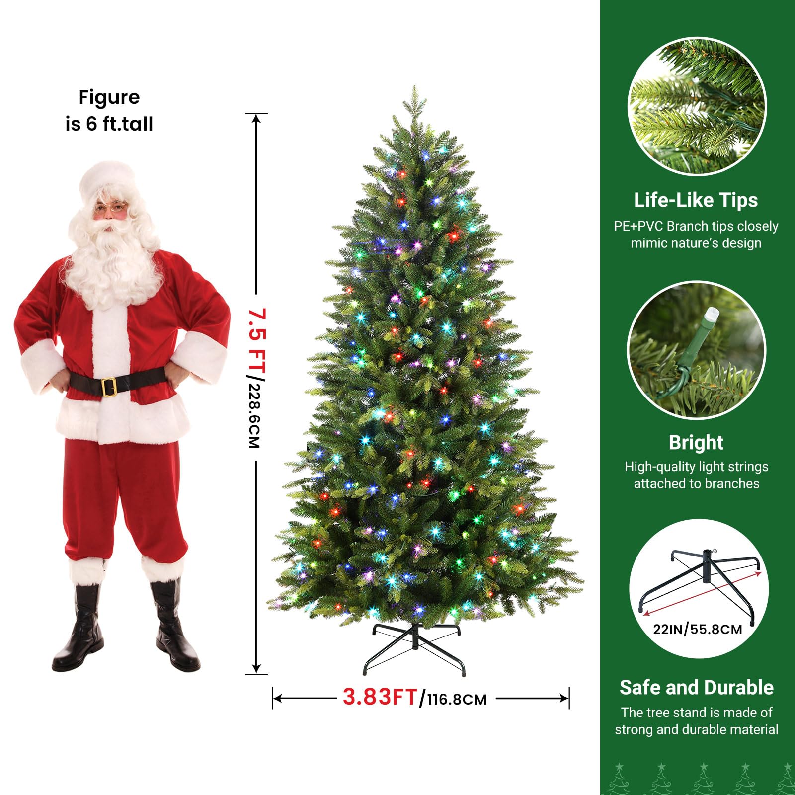 SHareconn 7.5ft Upgraded Prelit Artificial Hinged Christmas Tree with 430 Color Changing RGB Lights,Remote Control,Fake Pre-Lit Lush Fir Tree with 2,343 Branch Tips for Xmas Decoration, 7.5 FT - SHareconn