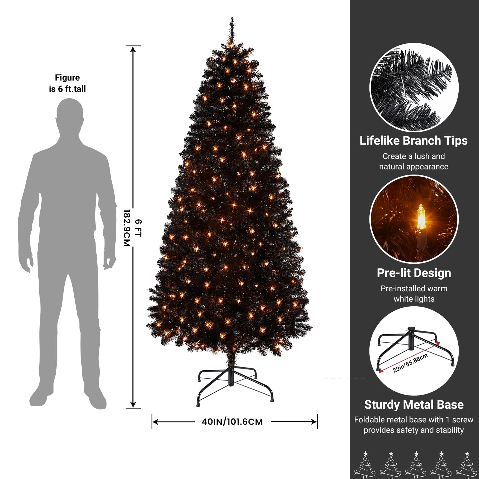 6ft Prelit Warm White Lights Premium Artificial Hinged Christmas Tree Black