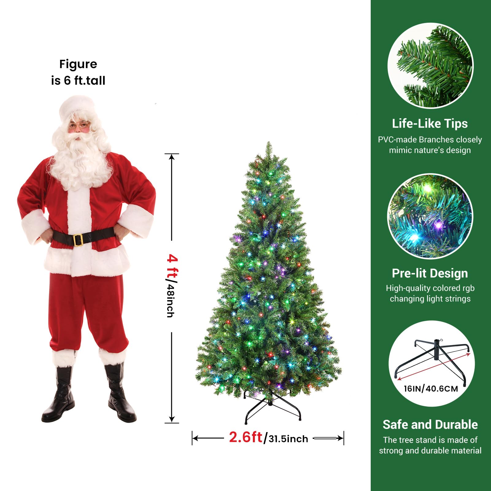 SHareconn 4ft Prelit Premium Artificial Hinged Christmas Tree with 170 RGB Lights, 414 Branch Tips and Foldable Metal Stand, Perfect Choice for Xmas Decoration, 4 FT, Green - SHareconn