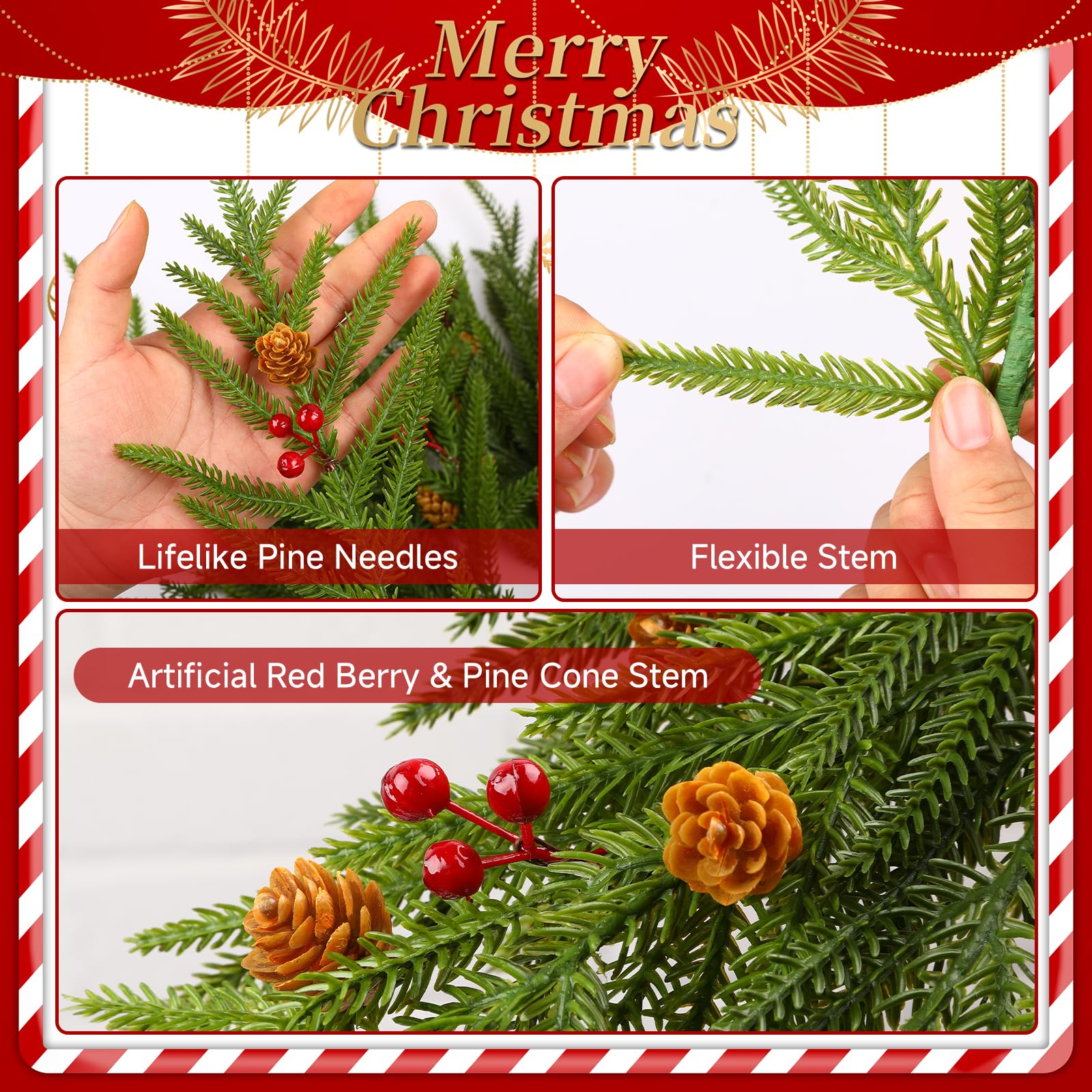 12PCS 17" Artificial Norfolk Pine Branches Decorations, Fake Cedar Stems with Pine Needle&Cone&Berry for Home/Holiday/Party