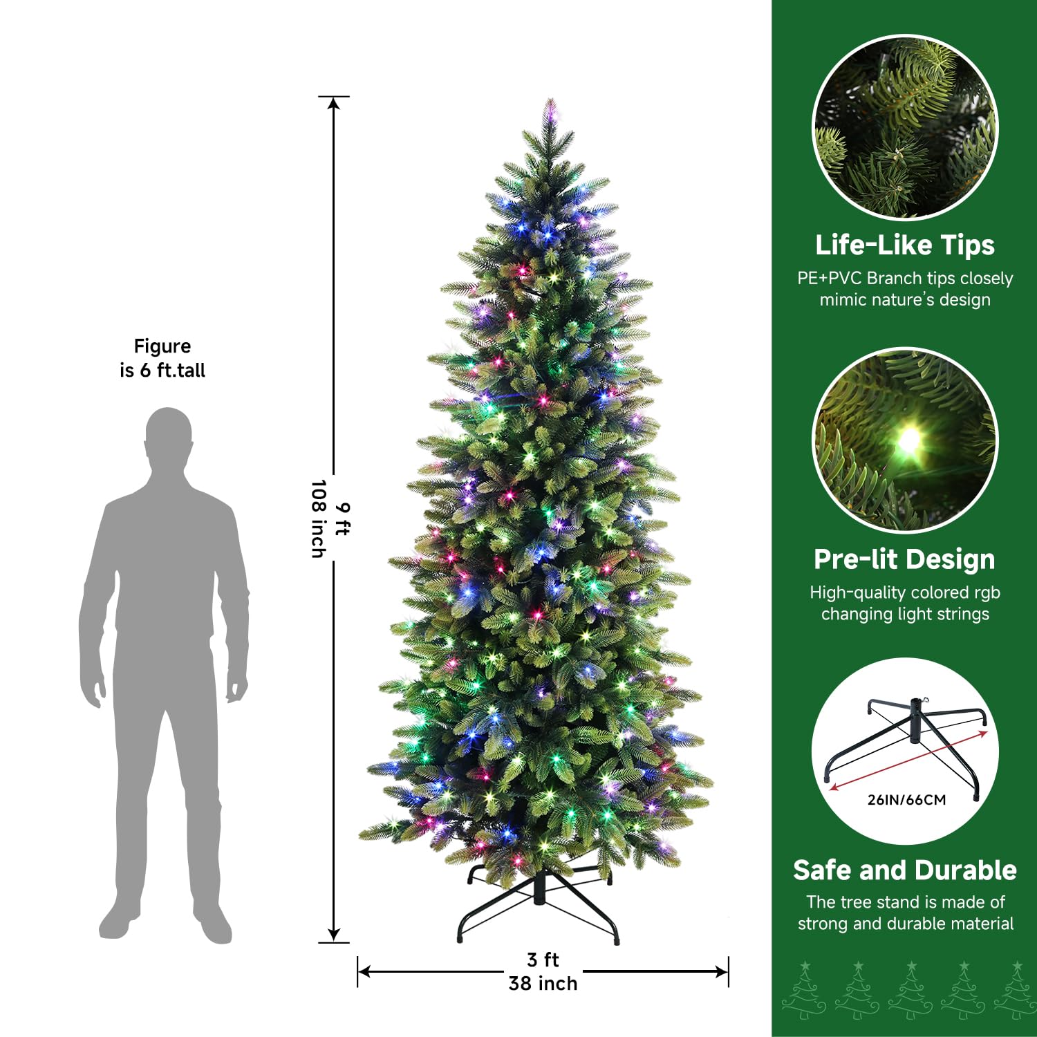 9ft Prelit Artificial Hinged Christmas Tree with Remote Control, 480 Pre-Lit Multi-Color RGB Lights and 2437 PE & PVC Branch Tips, Perfect Choice for Xmas Decoration, 9 FT - SHareconn