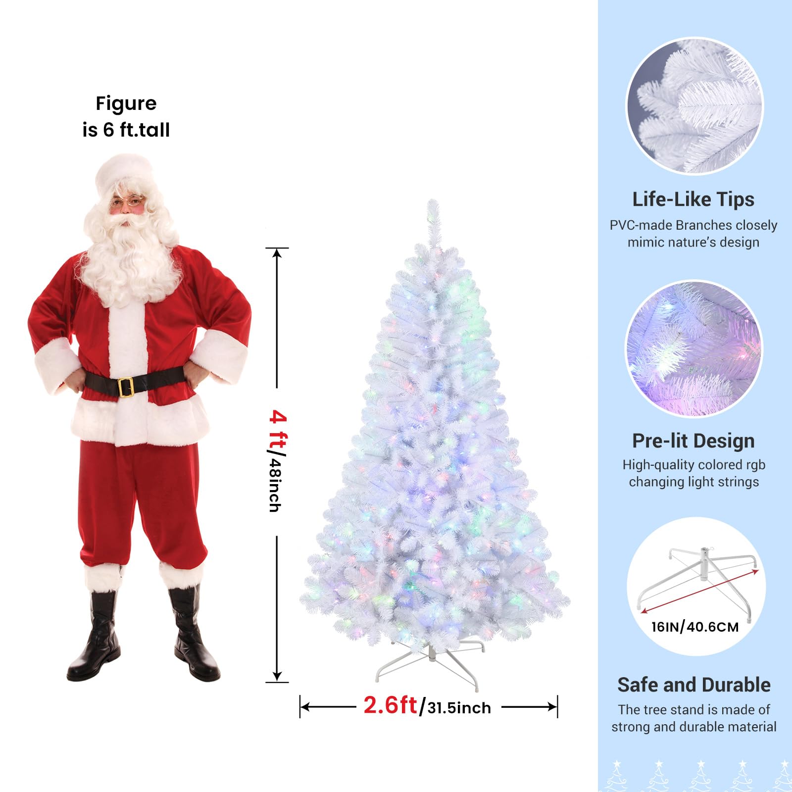 SHareconn 4ft Prelit Premium Artificial Hinged Christmas Tree with 170 RGB Lights, 414 Branch Tips and Foldable Metal Stand, Perfect Choice for Xmas Decoration, 4 FT, White - SHareconn