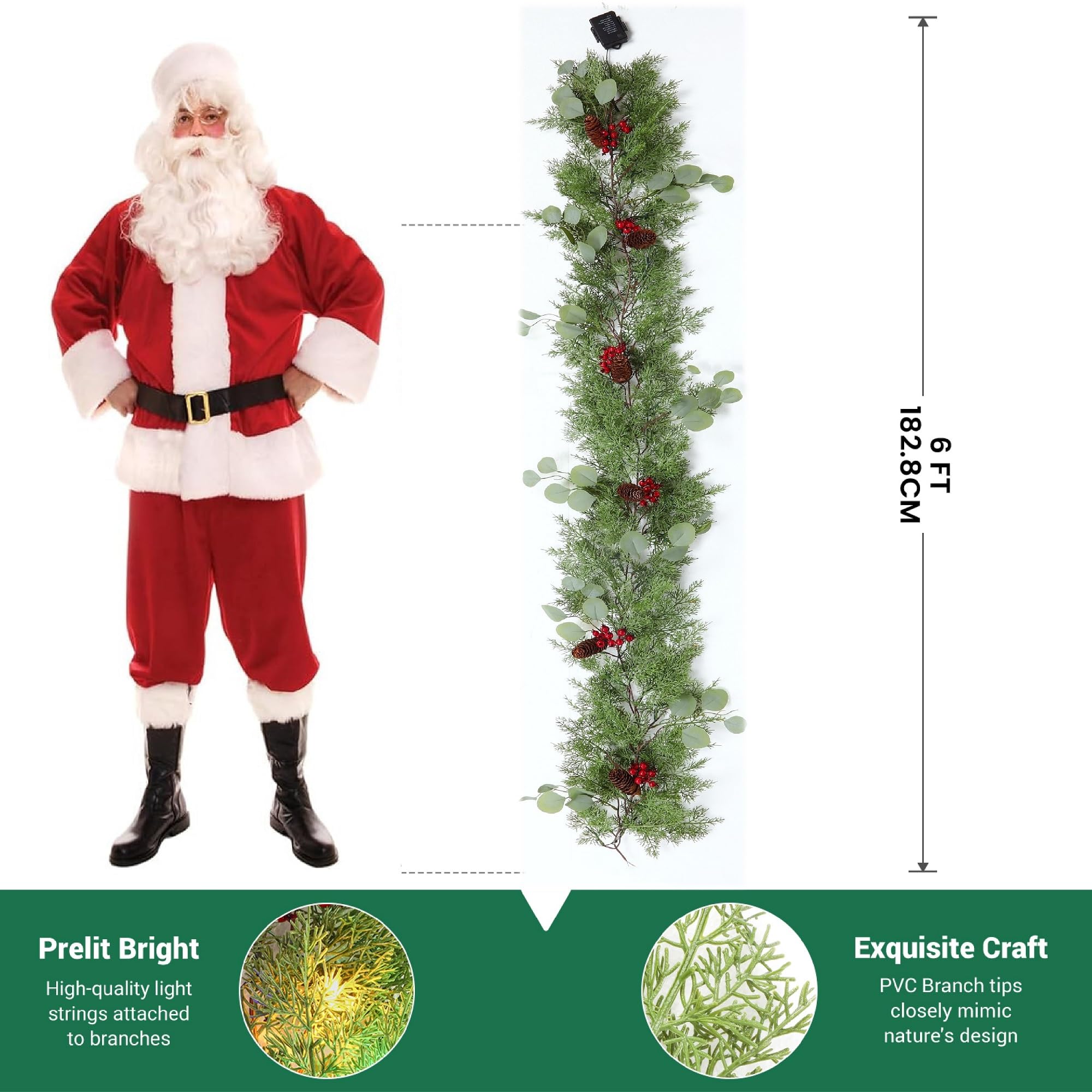 6FT Prelit Green Cypress Pine Garland Decorations with Battery Operated