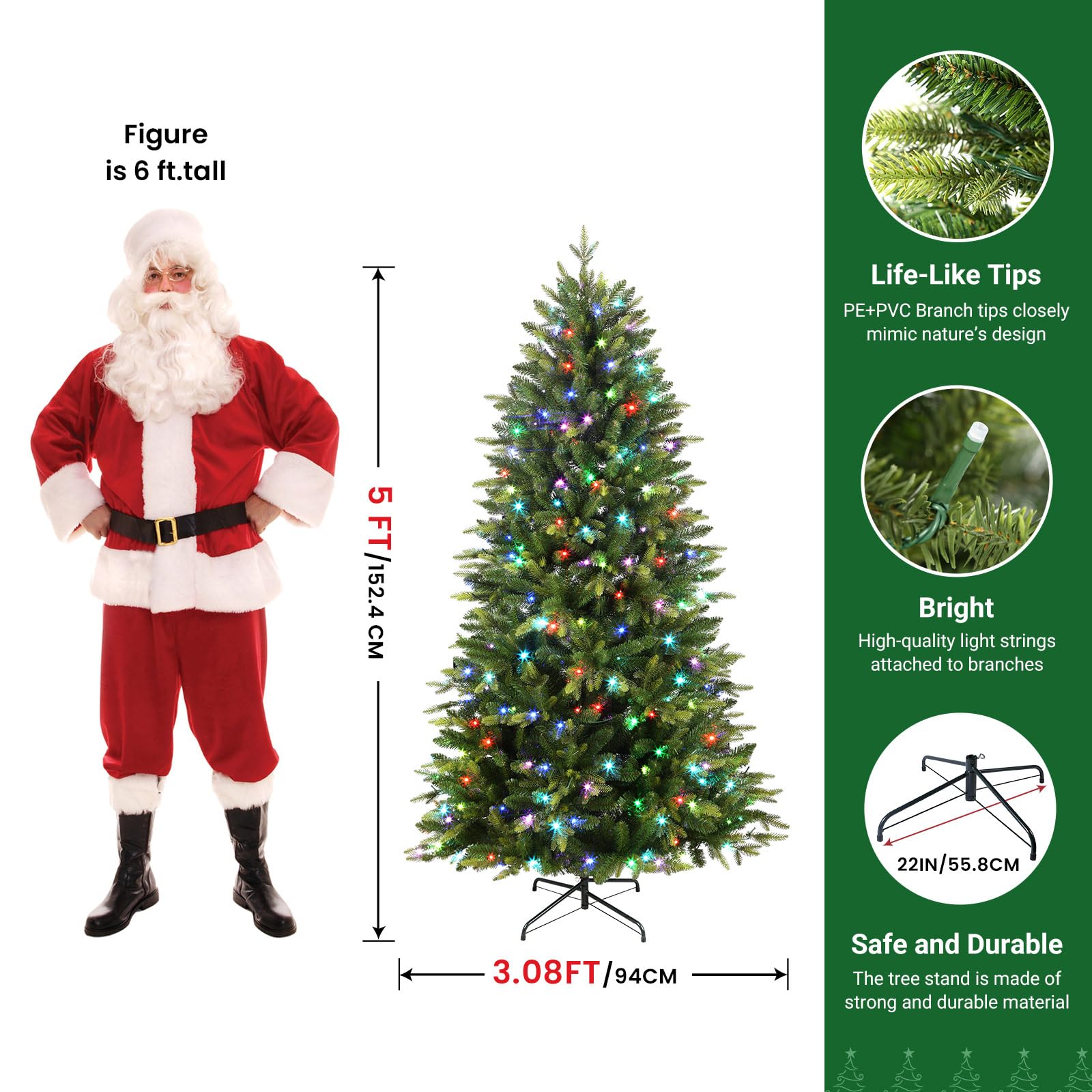 SHareconn 5ft Upgraded Prelit Artificial Hinged Christmas Tree with 250 Color Changing RGB Lights,Remote Control,Fake Pre-Lit Lush Fir Tree with 1406 Branch Tips for Xmas Decoration, 5 FT - SHareconn