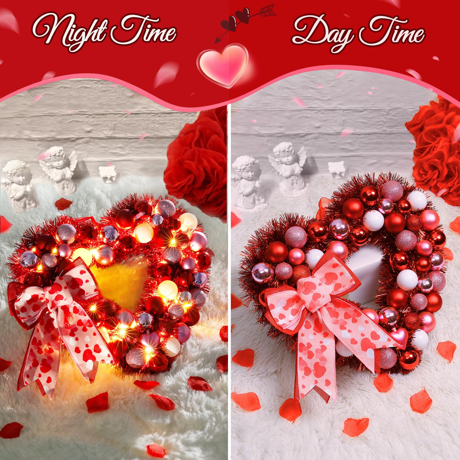 14" Inch Valentine Heart Wreath with Bowknot and Lights by Batteries Operated for Front Door Wall Windows Valentine's Day Wedding Party Romantic Decorations,Gifts for Her/Him/Women/Men,Red