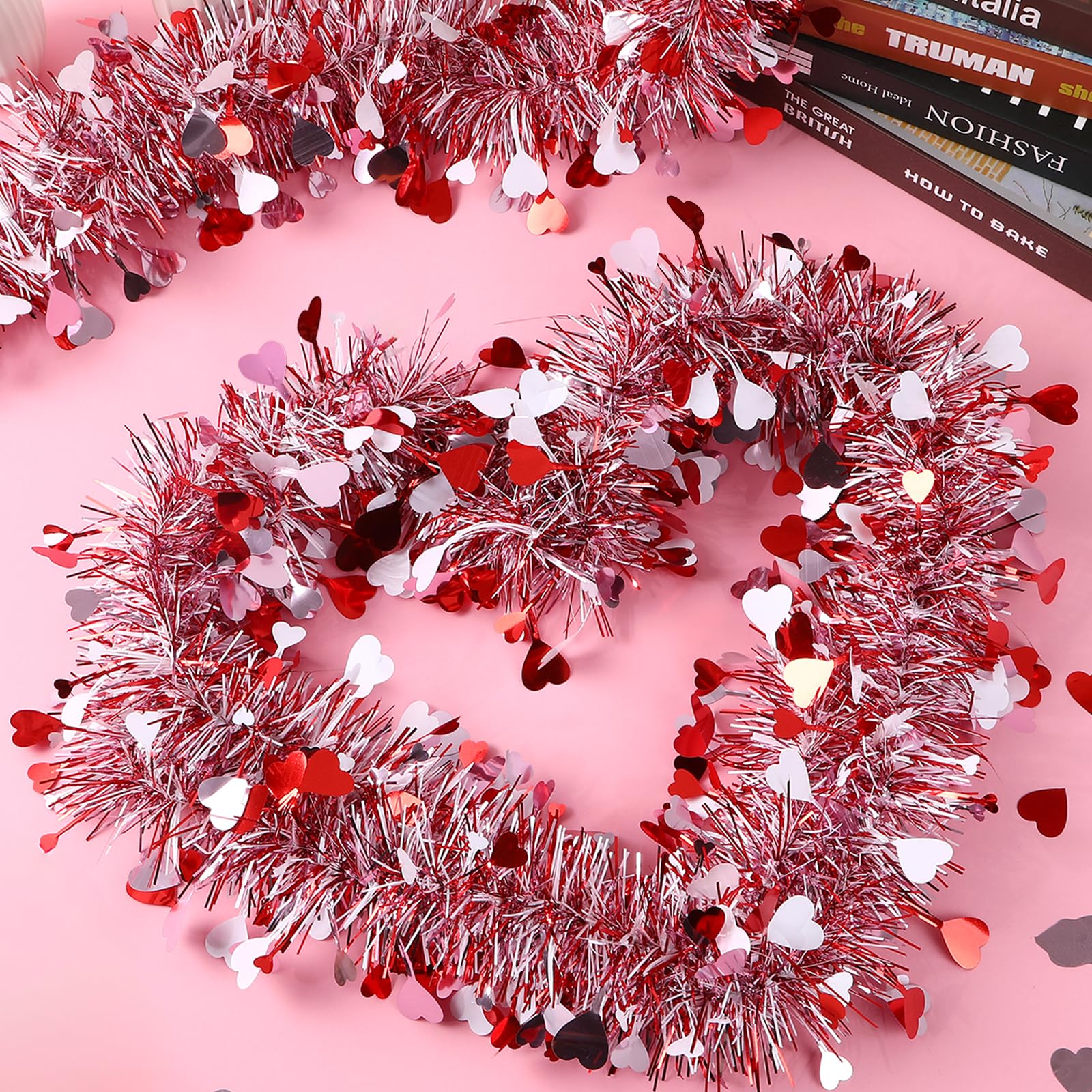 6 Pieces Total 50 FT Valentines Day Heart Tinsel Garland, Metallic Shiny Twist Valentine Garlands Hanging Decorations for Wedding Party Indoor and Outdoor Decor, Red Pink and White