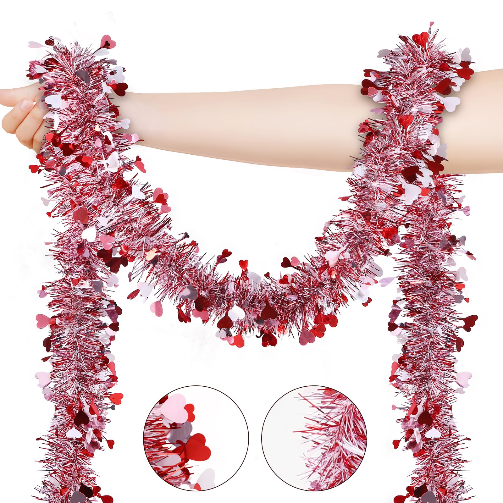 6 Pieces Total 50 FT Valentines Day Heart Tinsel Garland, Metallic Shiny Twist Valentine Garlands Hanging Decorations for Wedding Party Indoor and Outdoor Decor, Red Pink and White