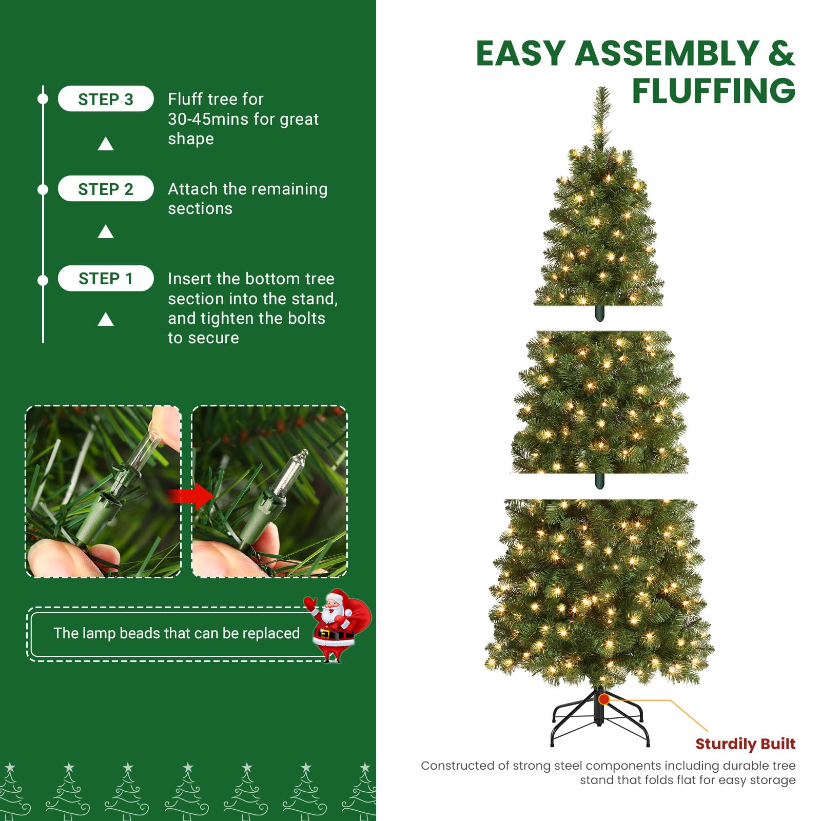 SHareconn 5ft Artificial Hinged Slim Pencil Prelit Christmas Tree with Lights, Warm White Light, The Perfect Choice of Decorations for Xmas Holiday, 5 Foot Pre Lit Christmas Tree, Green - SHareconn