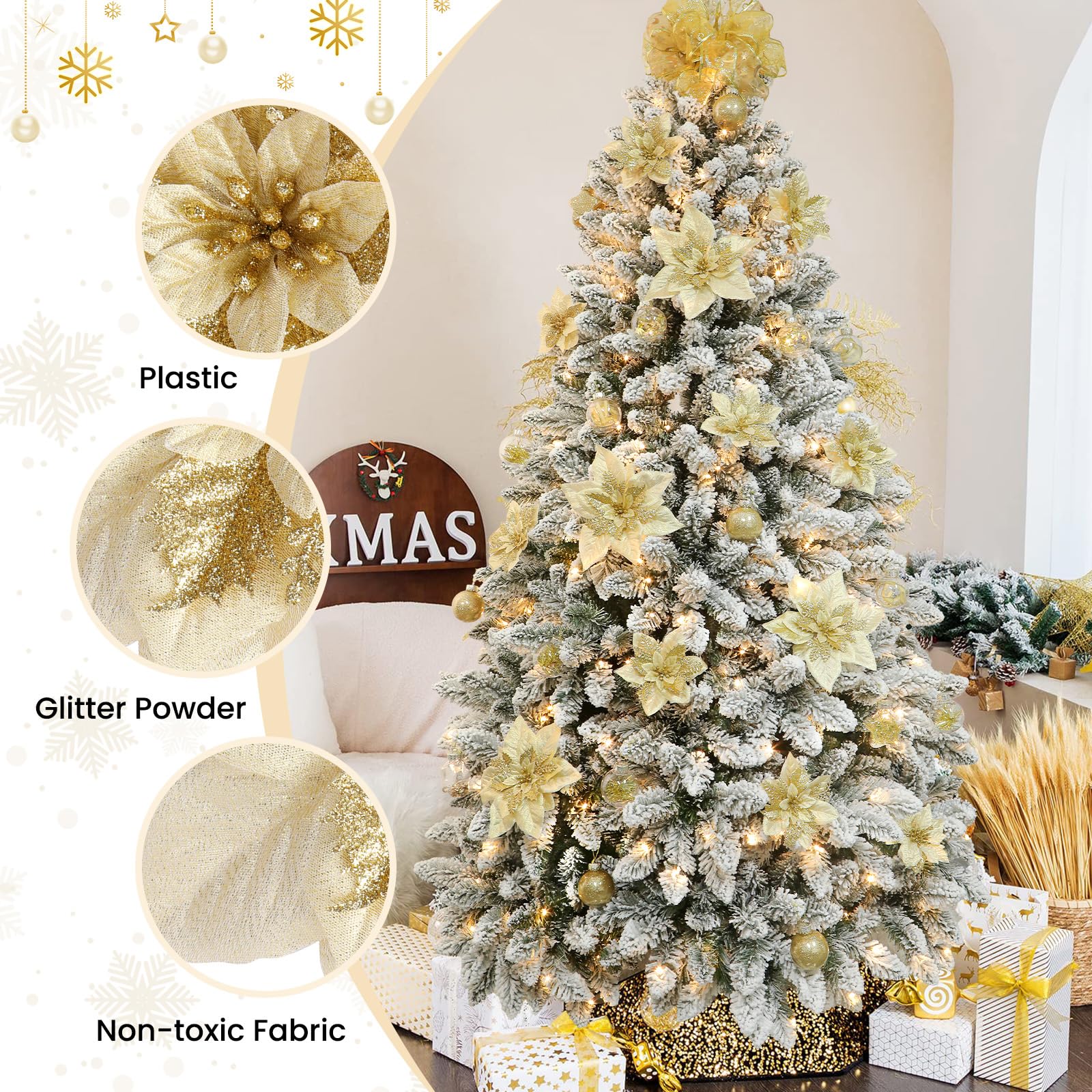 Alupssuc 24 Pieces Artificial Christmas Flowers Decorations Poinsettia Christmas Glitter Wedding Xmas Tree New Year Ornaments with Clip and Stick, Gold - SHareconn