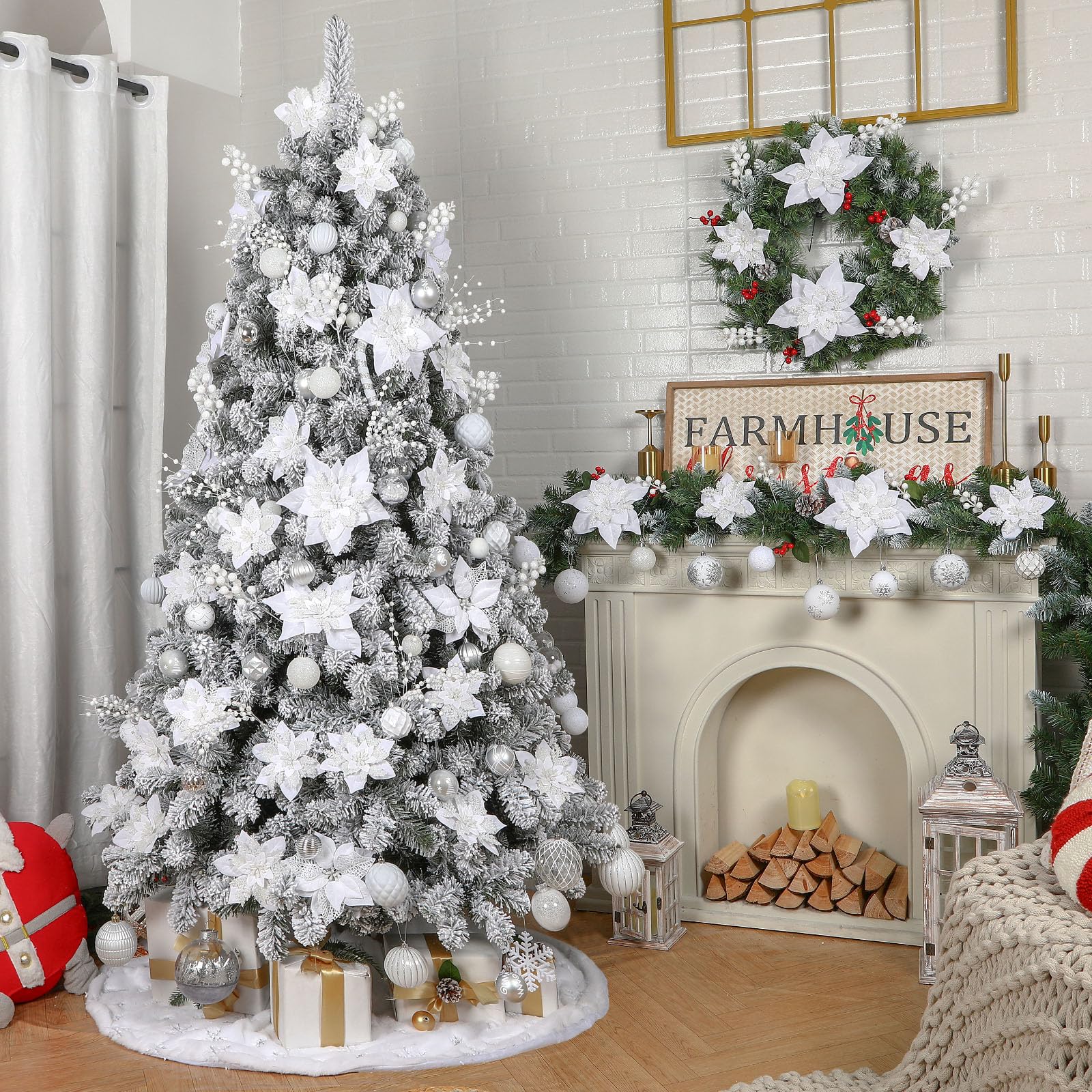 24 Pcs Christmas Tree Decorations Picks, Boxed 12Pcs Poinsettias Artificial Christmas Flowers with Clips and Stems+12pcs Holly Berry Stems, White