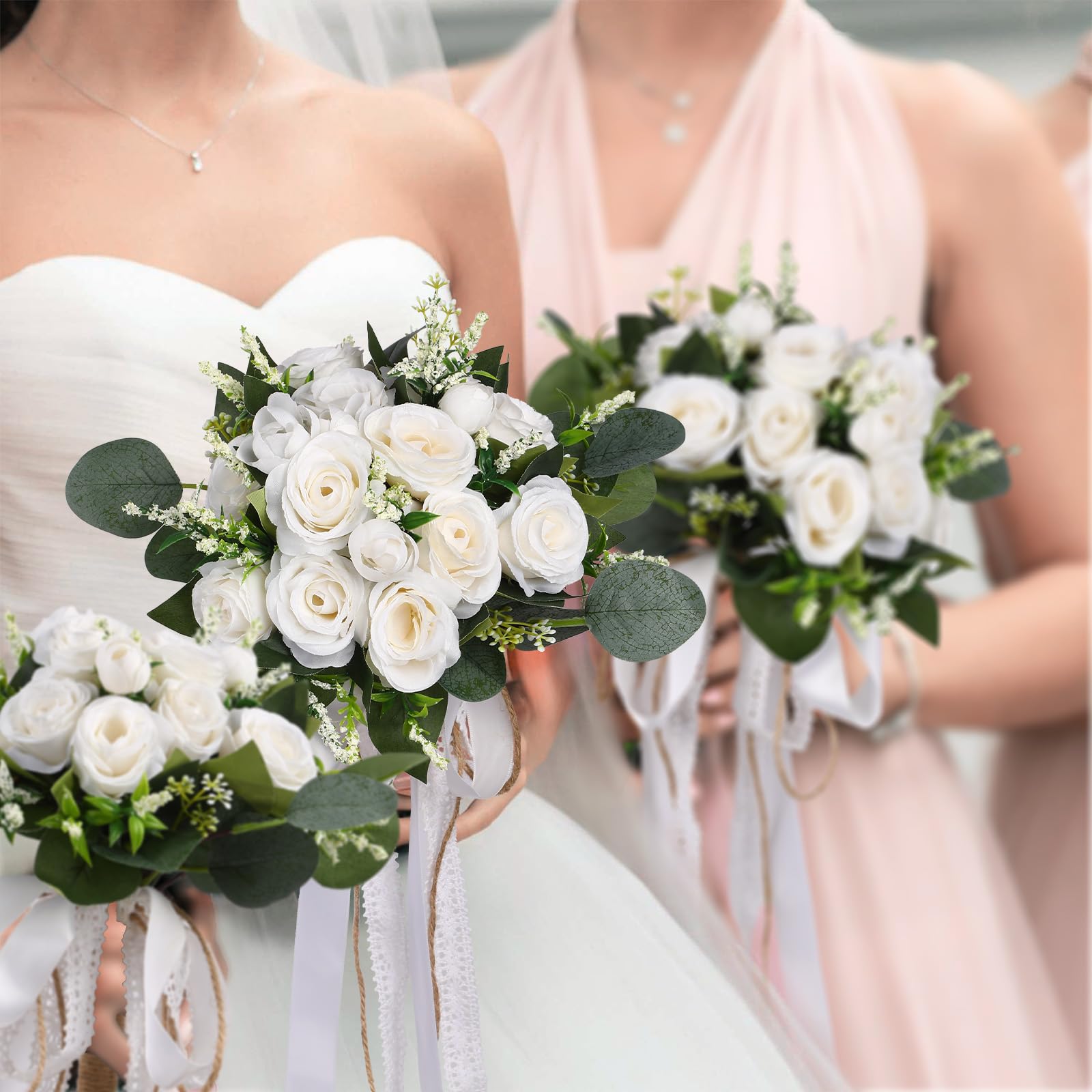 Wedding Bouquet Set for Bride and Bridesmaid with Matching Groom Boutonniere