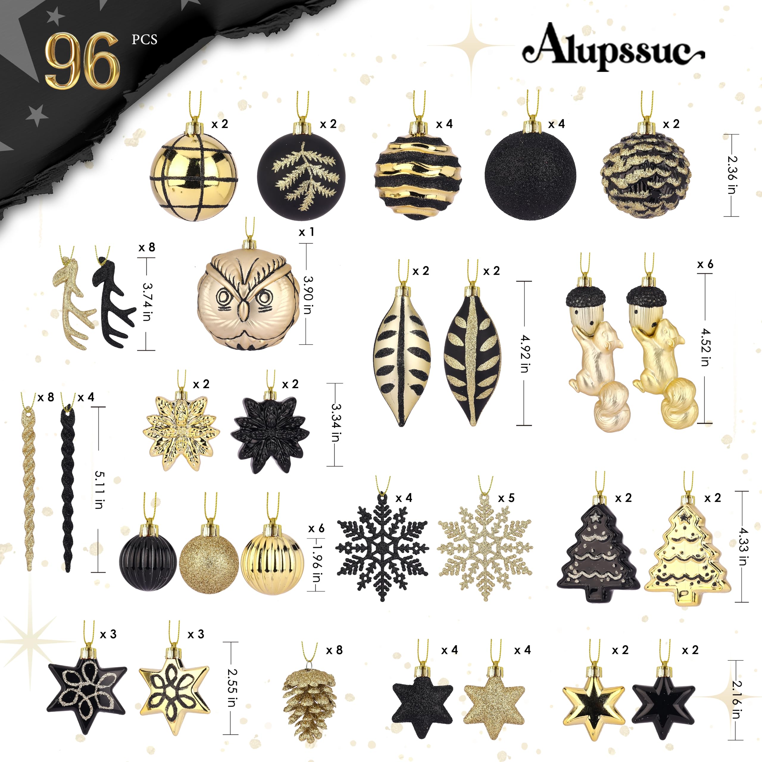 96pcs Black & Gold Forest Theme and Animal Designs Christmas Tree Ornaments Set