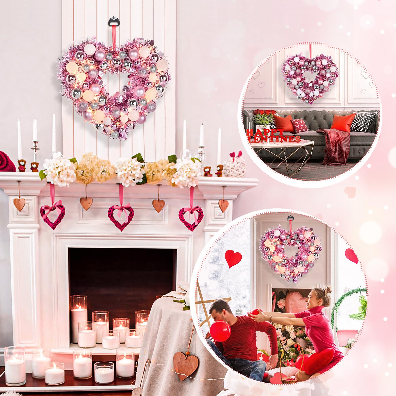 14" Inch Valentine Heart Wreath with Bowknot and Lights by Batteries Operated for Front Door Wall Windows Valentine's Day Wedding Party Romantic Decorations,Gifts for Her/Him/Women/Men, Pink