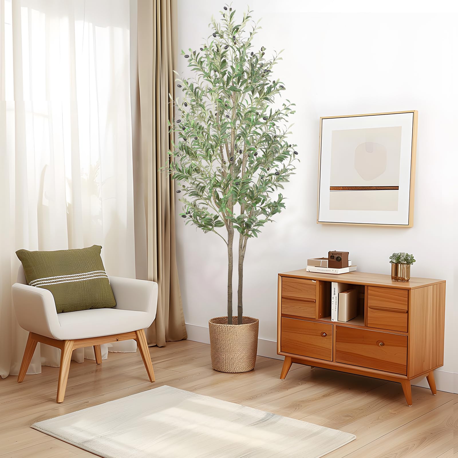 7FT Artificial Olive Tree  Tall Faux Silk Plant(84" in), Indoor Fake Olive Tree with Natural Wood Trunk & Lifelike Fruits