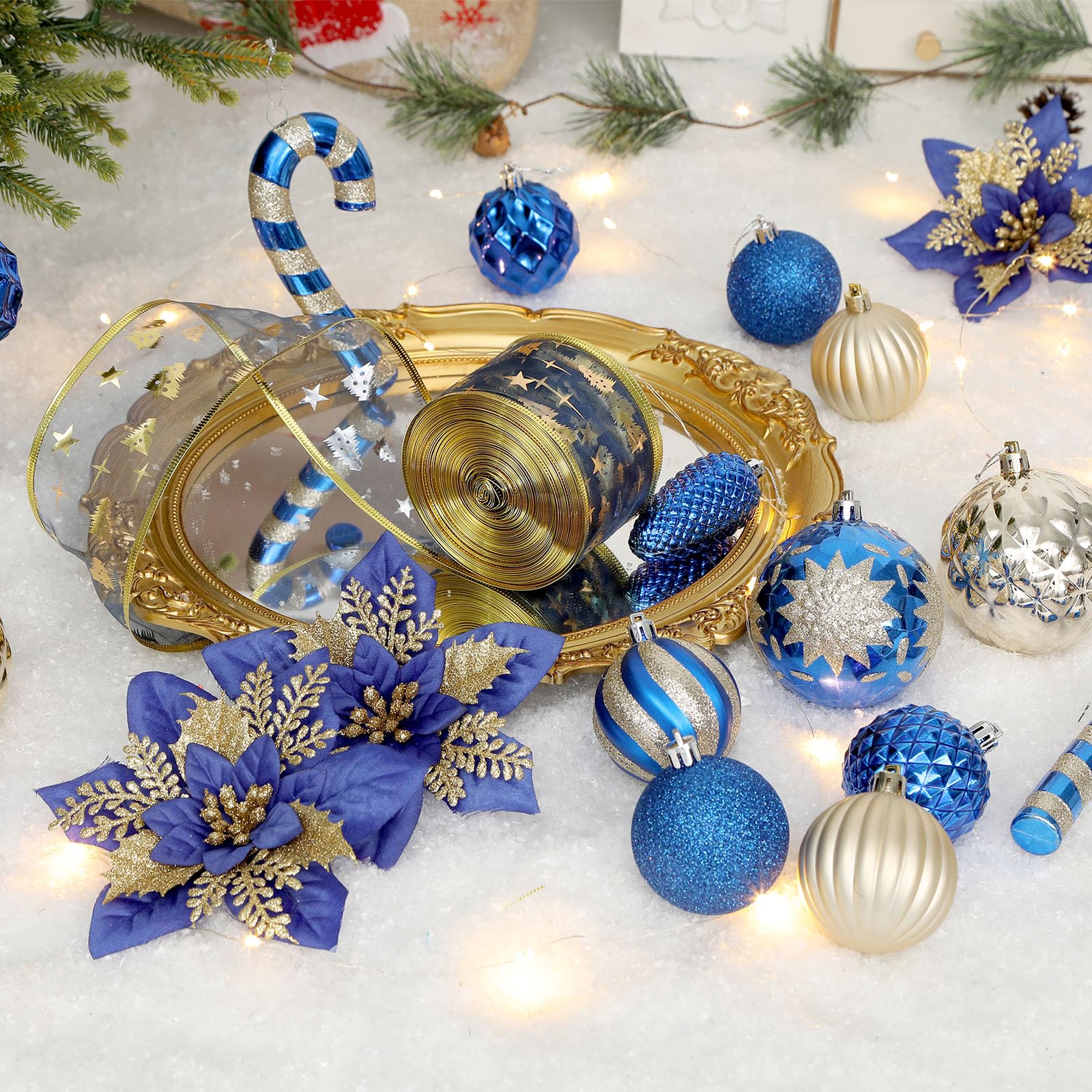 128pcs Christmas Shatterproof Plastic Baubles Christmas Flower, Ribbon and Tree Topper with Hanging Strings, Blue and Gold