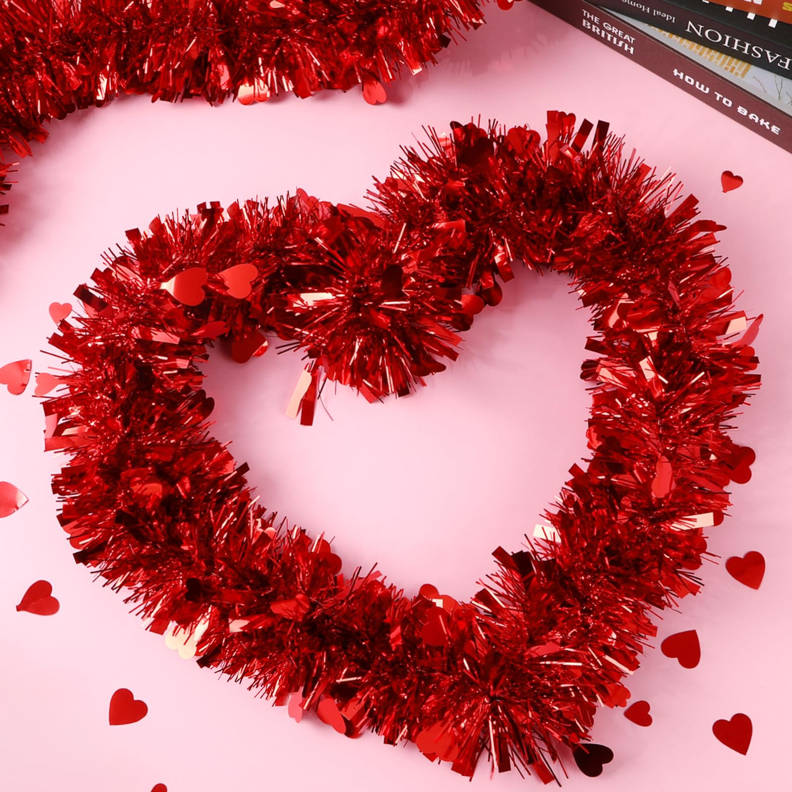 6 Pieces Total 50 FT Valentines Day Tinsel Garland with Heart Sequins, Metallic Shiny Twist Valentine Garlands Hanging Decorations for Wedding Party Indoor and Outdoor Decor, Red