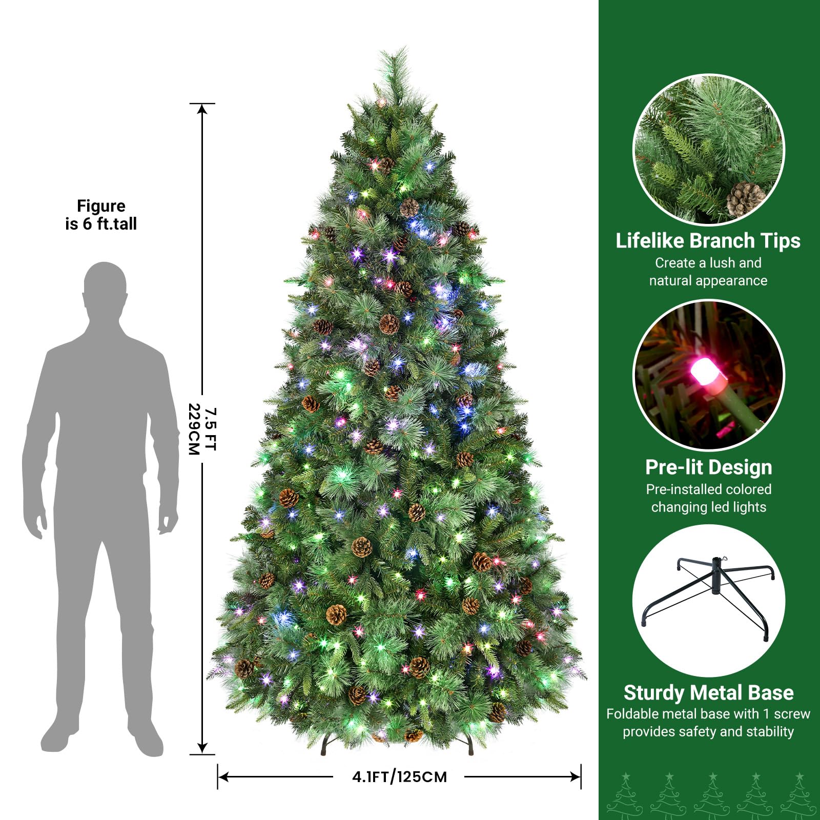 SHareconn 7.5ft Prelit Artificial Hinged Christmas Pine Tree with Remote Control, Pre-Lit 470 Led Color Changing RGB Lights, Pine Cones, Perfect Choice for Xmas Decoration, 7.5FT - SHareconn