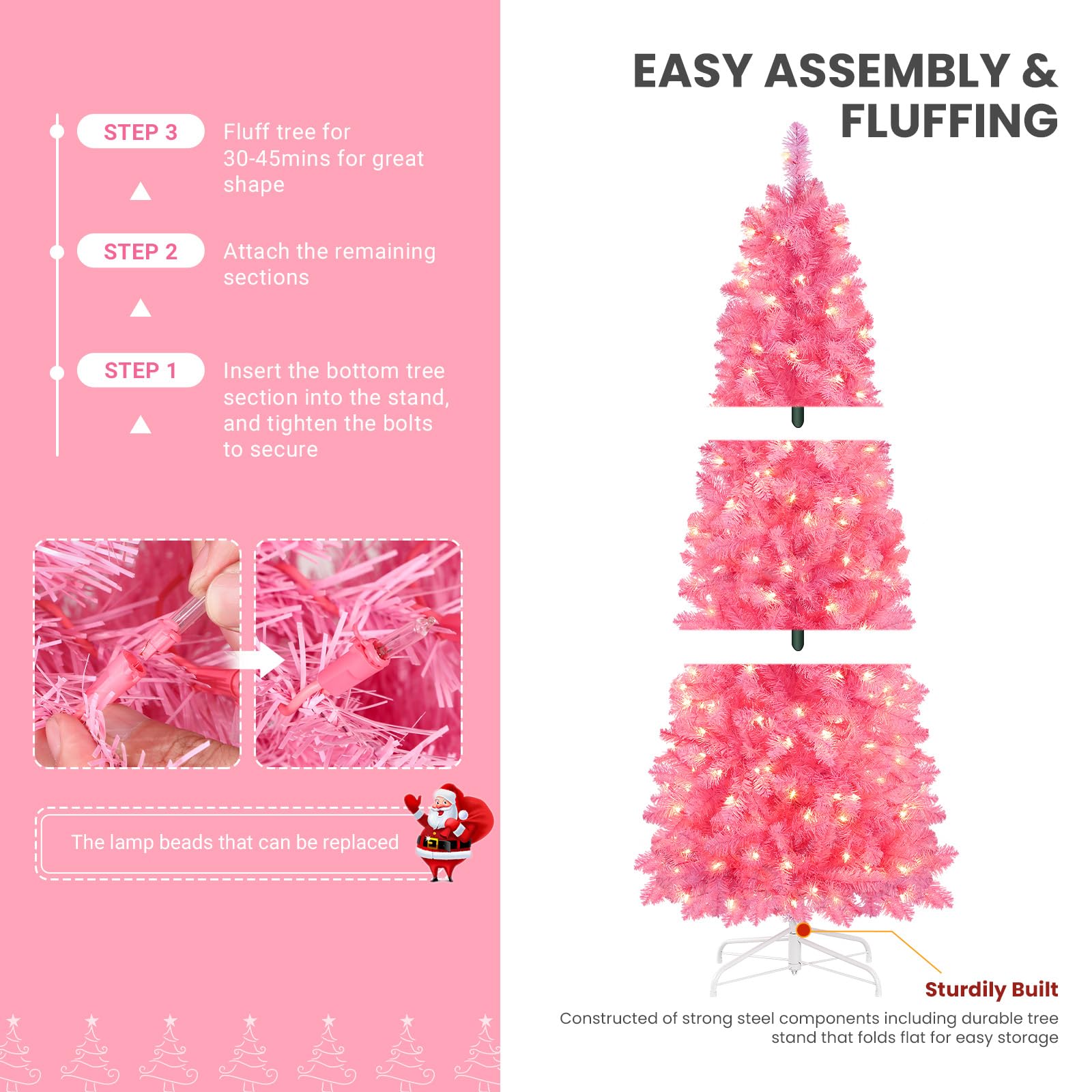 SHareconn 6ft Prelit Artificial Hinged Slim Pencil Christmas Tree with Warm White Lights, Full Branch Tips, Perfect Choice Decoration for Xmas Holiday, 6 FT, Pink - SHareconn