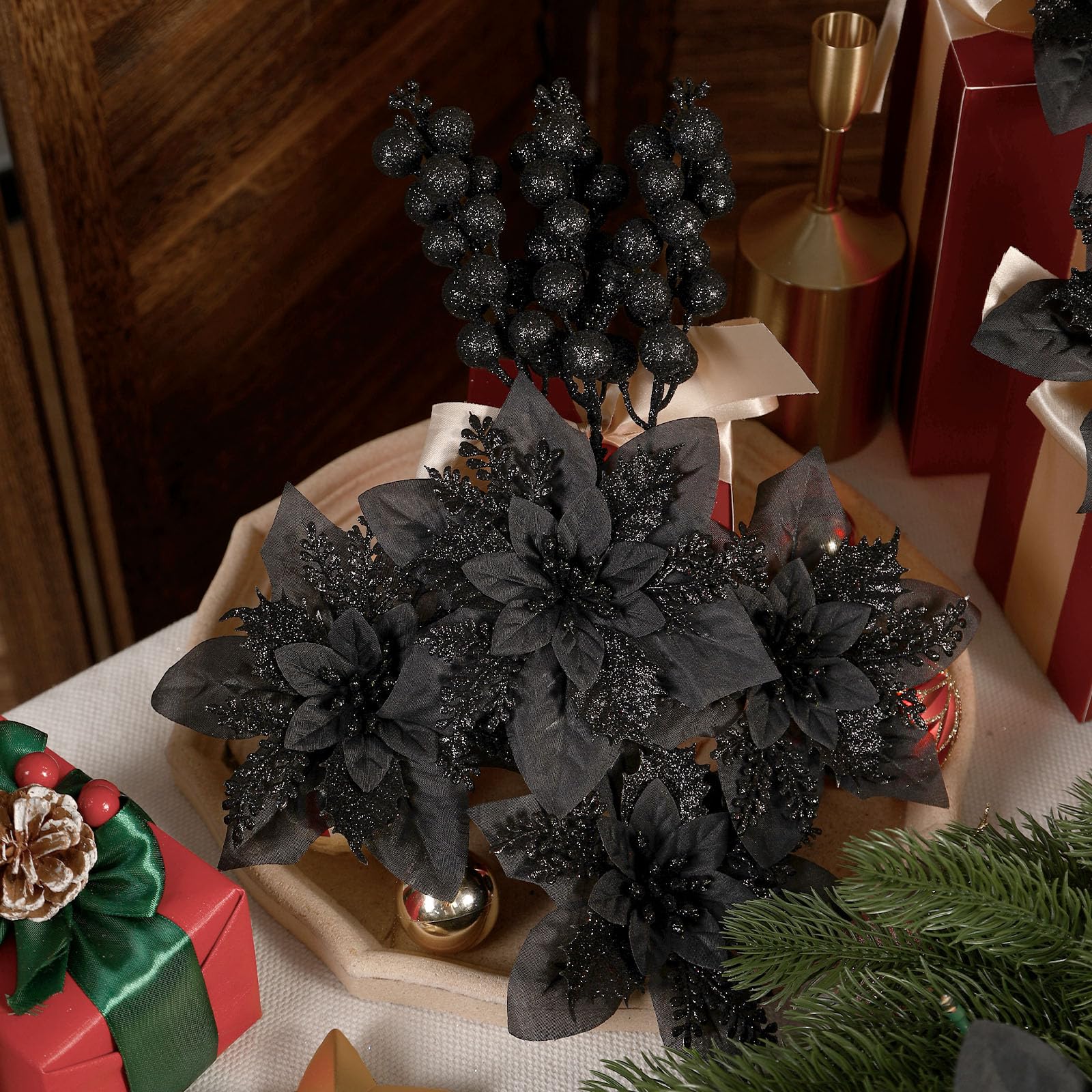 24 Pcs Black Boxed 12Pcs Poinsettias Artificial Christmas Flowers+12Pcs Holly Berry Stems for Christmas Tree Decor