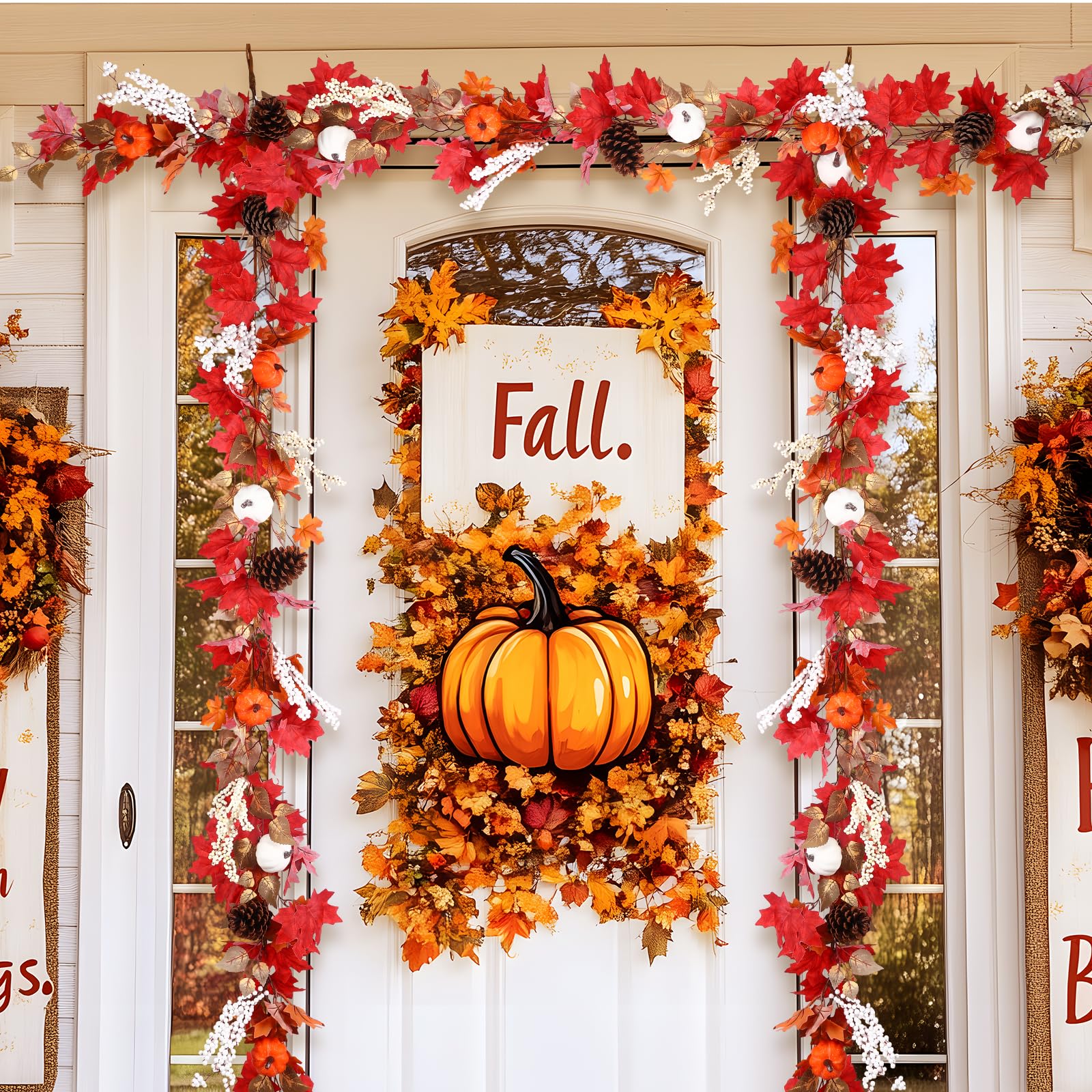 6FT Fall Garland Decor Red Pumpkin & Maple Leaves Garland (Harvest Red) - SHareconn