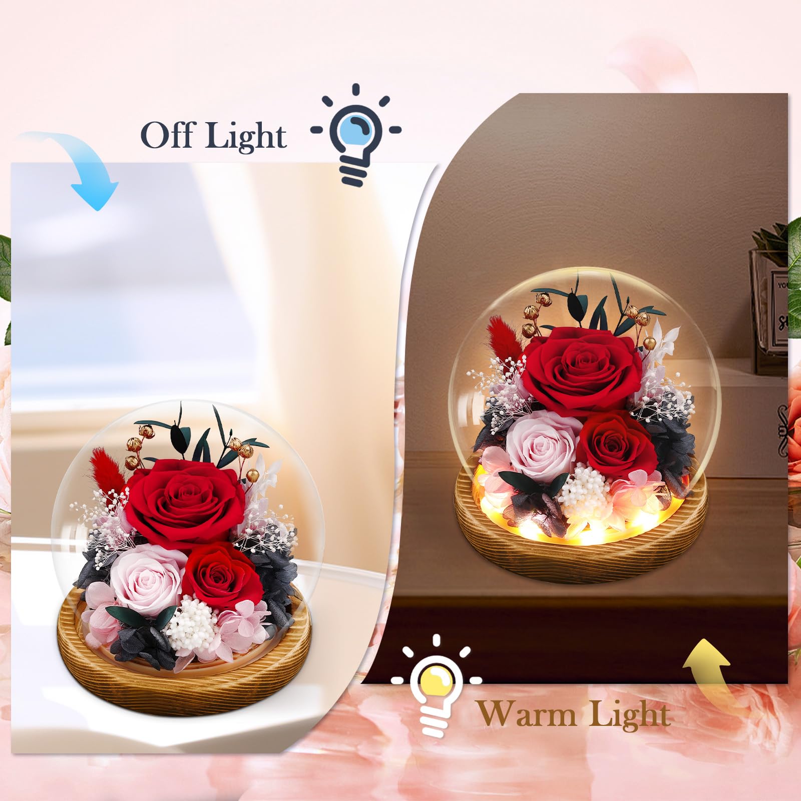 Preserved Real Flowers Gifts for Her,Women,Wife,Mom, Forever Fresh Roses in Glass Dome with LED Lights for Home Decor for Delivery Prime Valentines Day,Mothers Day,Christmas,Wedding, Red