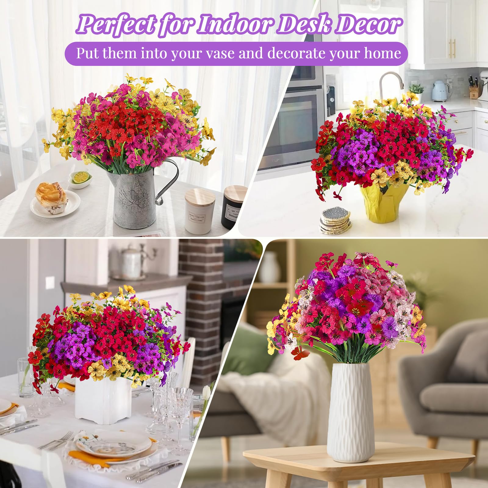 24 Bundles Artificial Flowers, UV Resistant Silk Violet with Leaf Grass and Eucalyptus SpringFake Plants, Mix 6 Colors