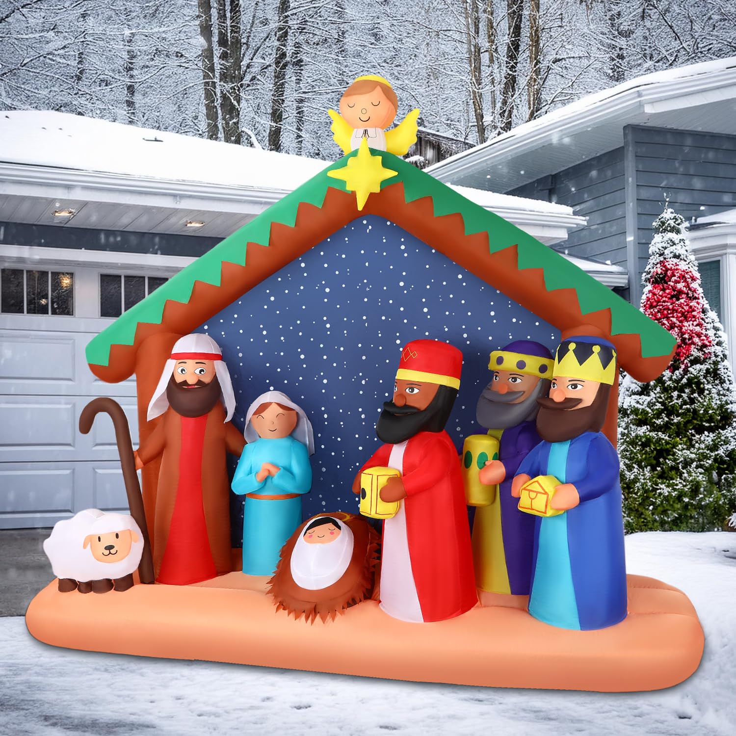 8FT Christmas Inflatables Nativity Scene Outdoor Decorations, Blue