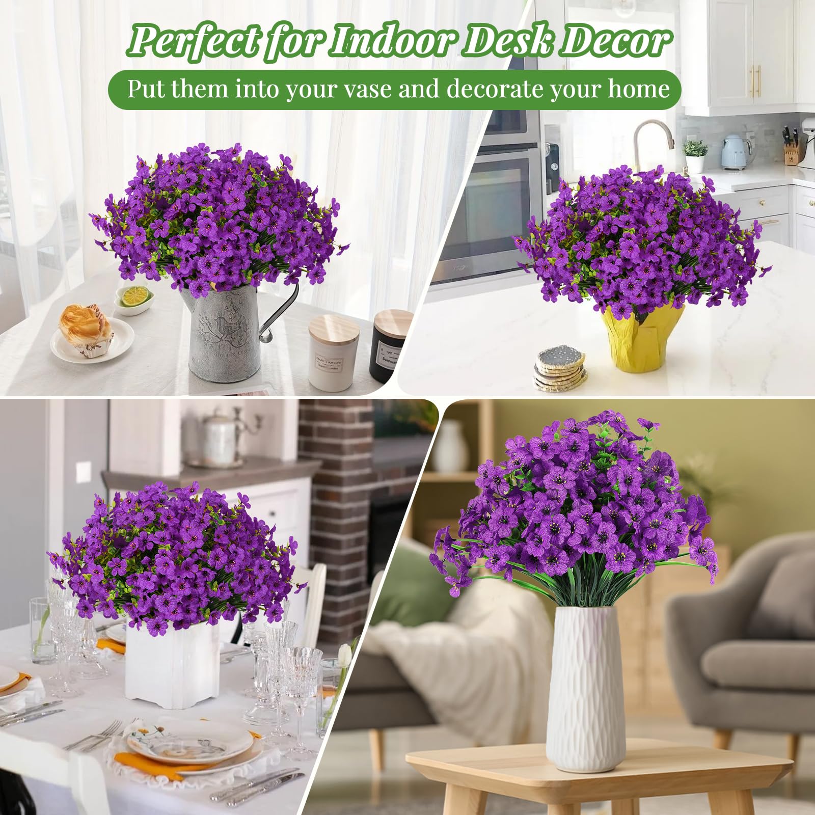 6 Bundles Artificial Faux Flowers, UV Resistant Eucalyptus Violets Spring Fake Stem Plants (Purple)