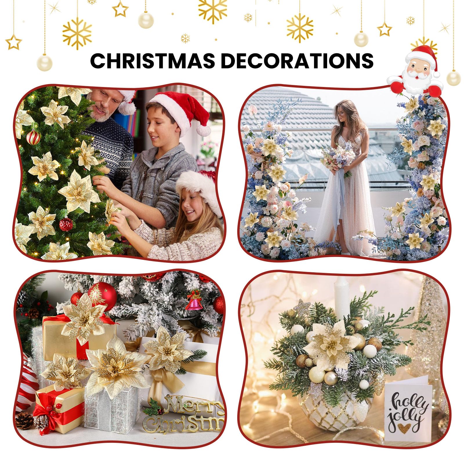 Alupssuc 24 Pieces Artificial Christmas Flowers Decorations Poinsettia Christmas Glitter Wedding Xmas Tree New Year Ornaments with Clip and Stick, Gold - SHareconn