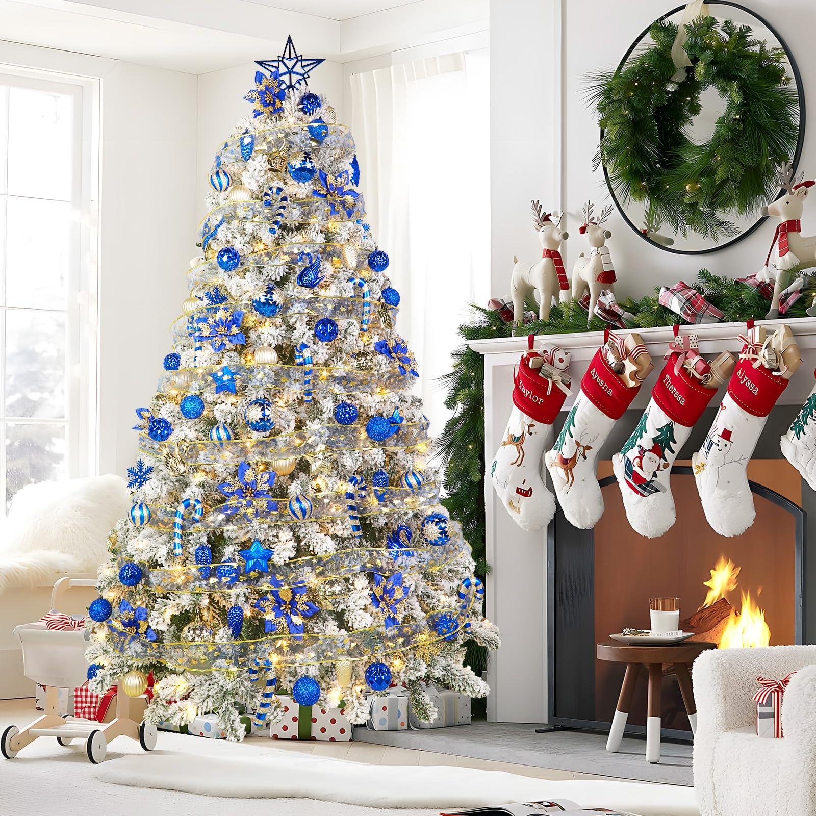 128pcs Christmas Shatterproof Plastic Baubles Christmas Flower, Ribbon and Tree Topper with Hanging Strings, Blue and Gold