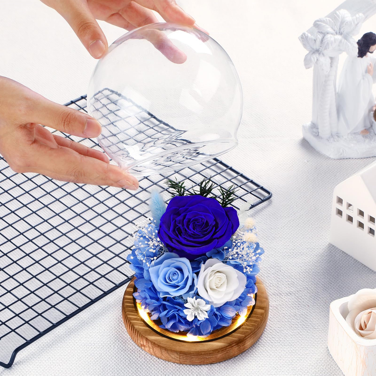 Preserved Real Flowers Gifts for Her,Women,Wife,Mom, Forever Fresh Roses in Glass Dome with LED Lights for Home Decor for Delivery Prime Valentines Day,Mothers Day,Christmas,Wedding, Blue