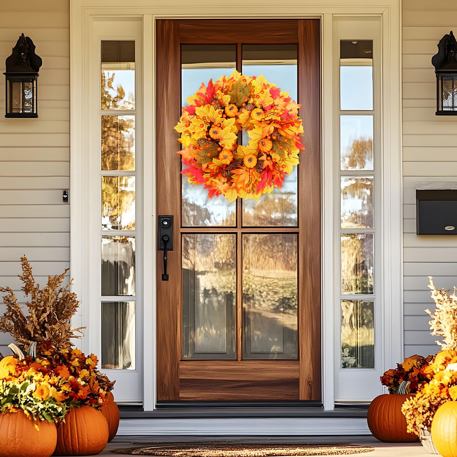 20FT Fall Wreath Artificial Autumn Wreaths with Maples Leaf Pumpkin Pine Cone Berry - SHareconn