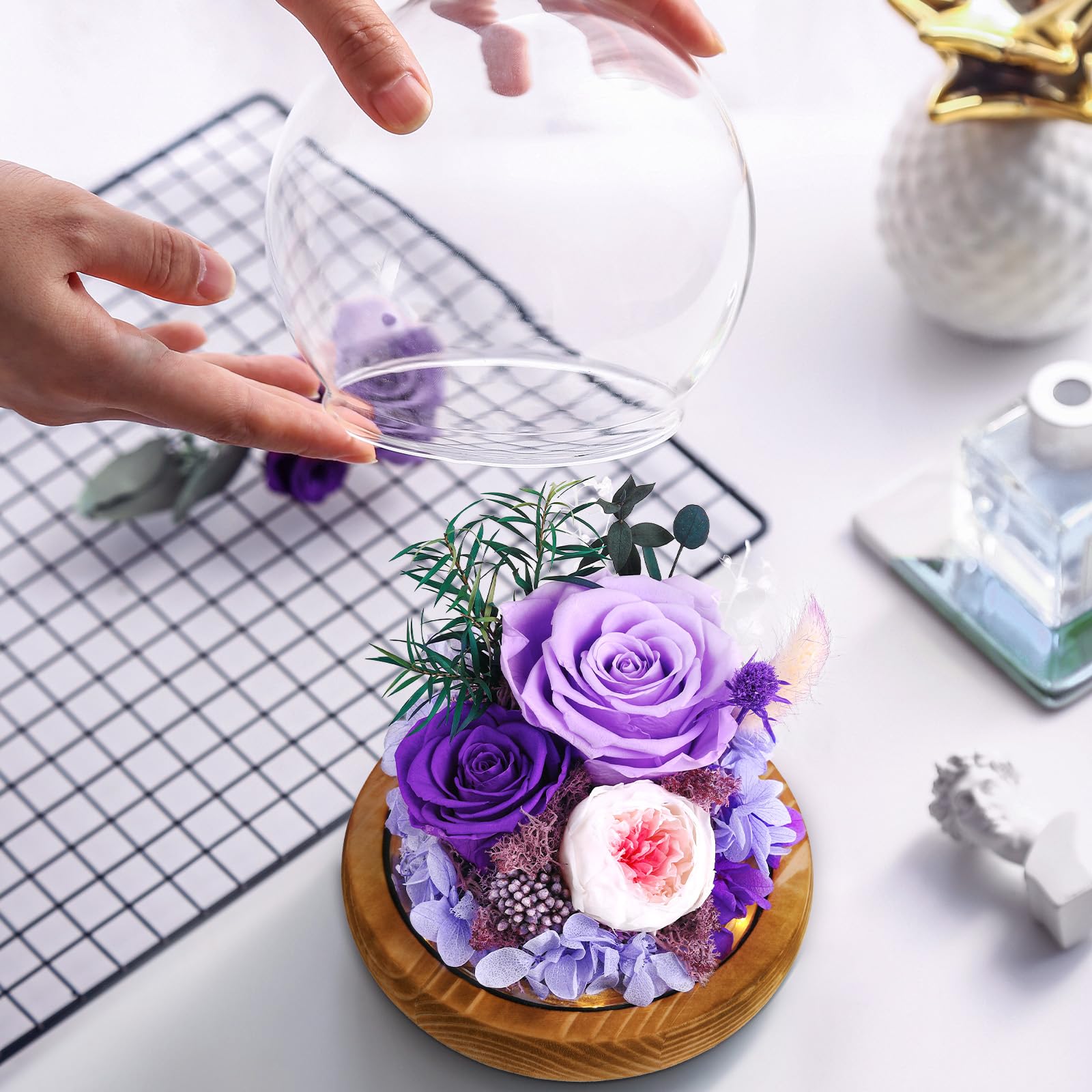 Preserved Real Flowers Gifts for Her,Women,Wife,Mom, Forever Fresh Roses in Glass Dome with LED Lights Purple