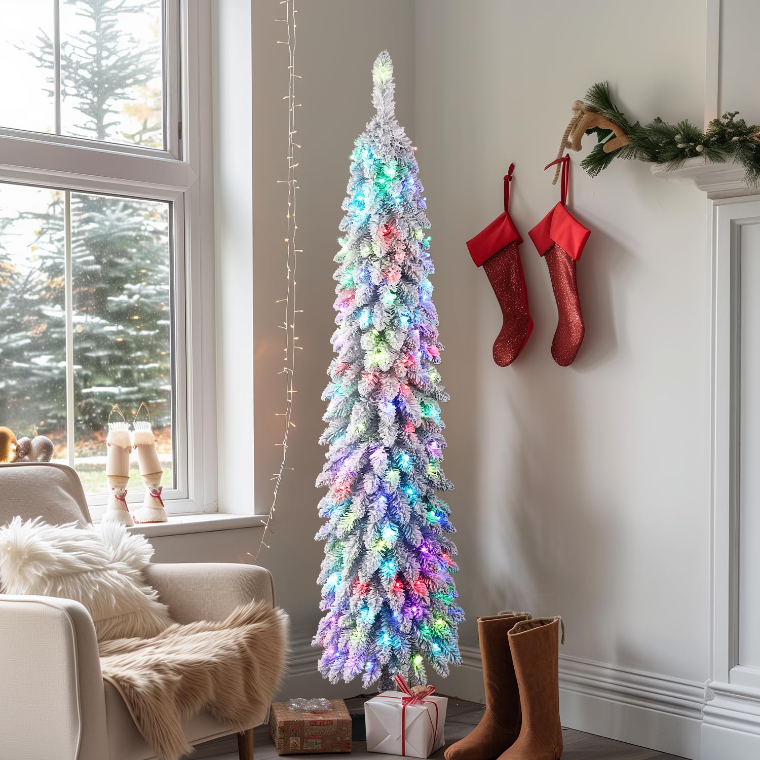 7.5FT Pre-Lit Snow Flocked Pencil Christmas Tree with Remote Controlled Multi-Color RGB Lights